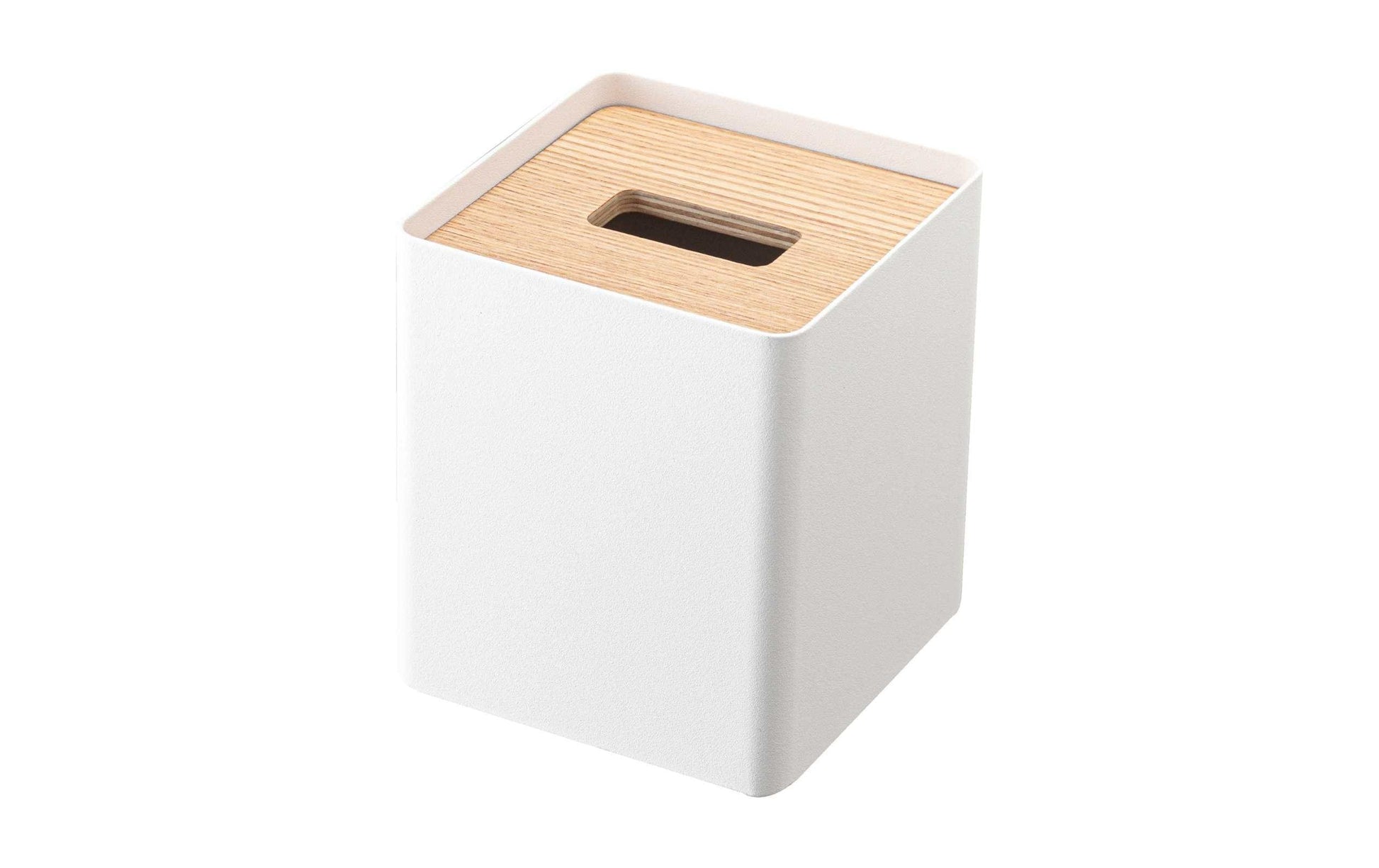 Yamazaki Kosmetiktuchbox – 13×13×15,5 cm, Stahl/Sperrholz, freistehend, Weiss