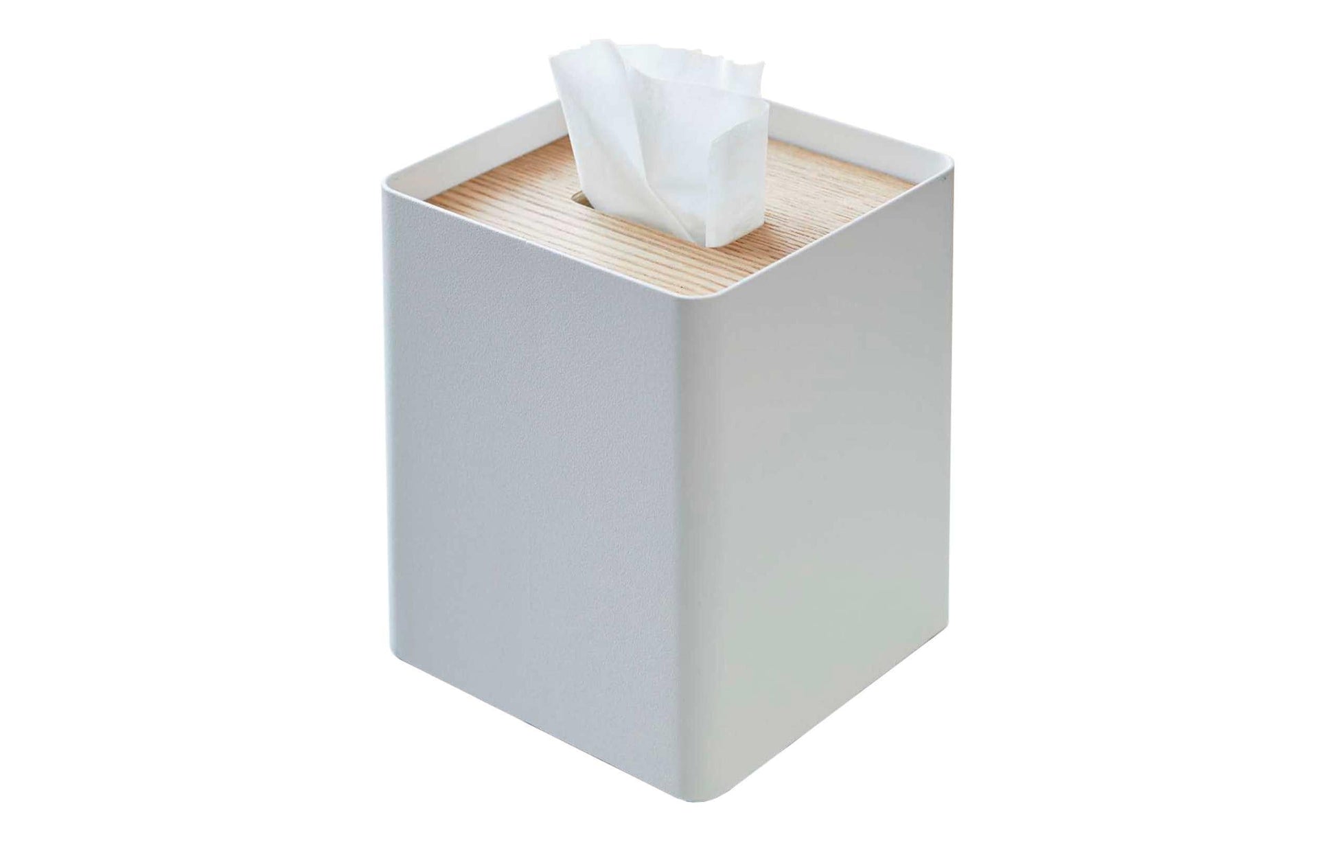 Yamazaki Kosmetiktuchbox – 13×13×15,5 cm, Stahl/Sperrholz, freistehend, Weiss