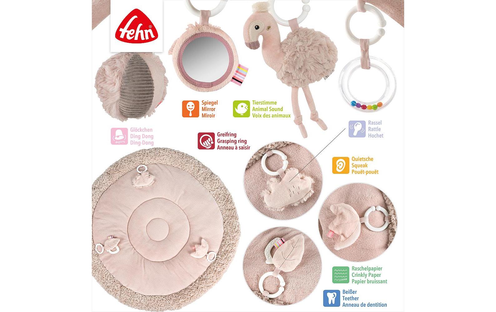 Fehn Krabbeldecke Flamingo – mit Spielbogen, 5 Spielbügel – 92 × 48 cm – ab 0 J. – Plüsch, Polyester – rosa