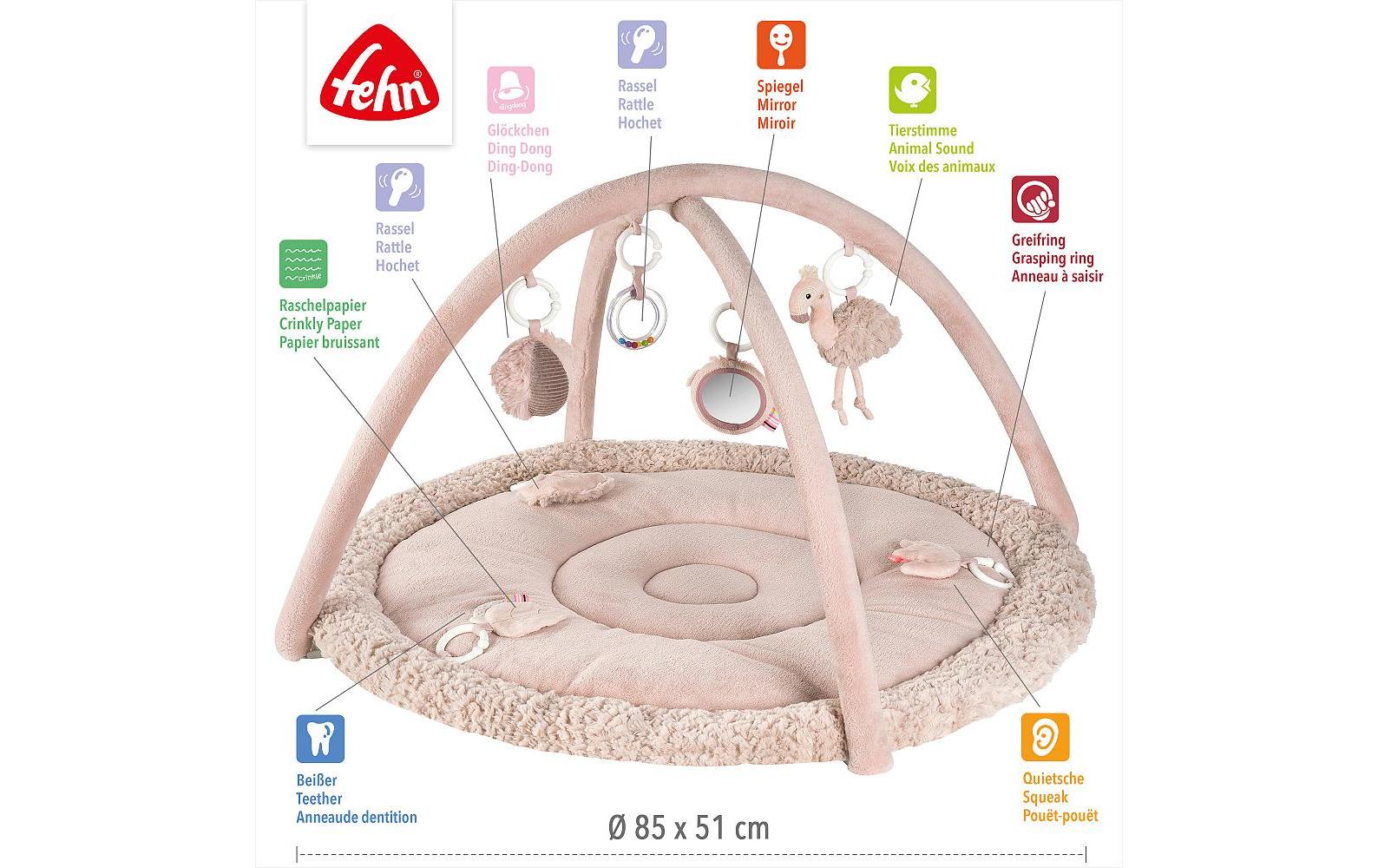 Fehn Krabbeldecke Flamingo – mit Spielbogen, 5 Spielbügel – 92 × 48 cm – ab 0 J. – Plüsch, Polyester – rosa