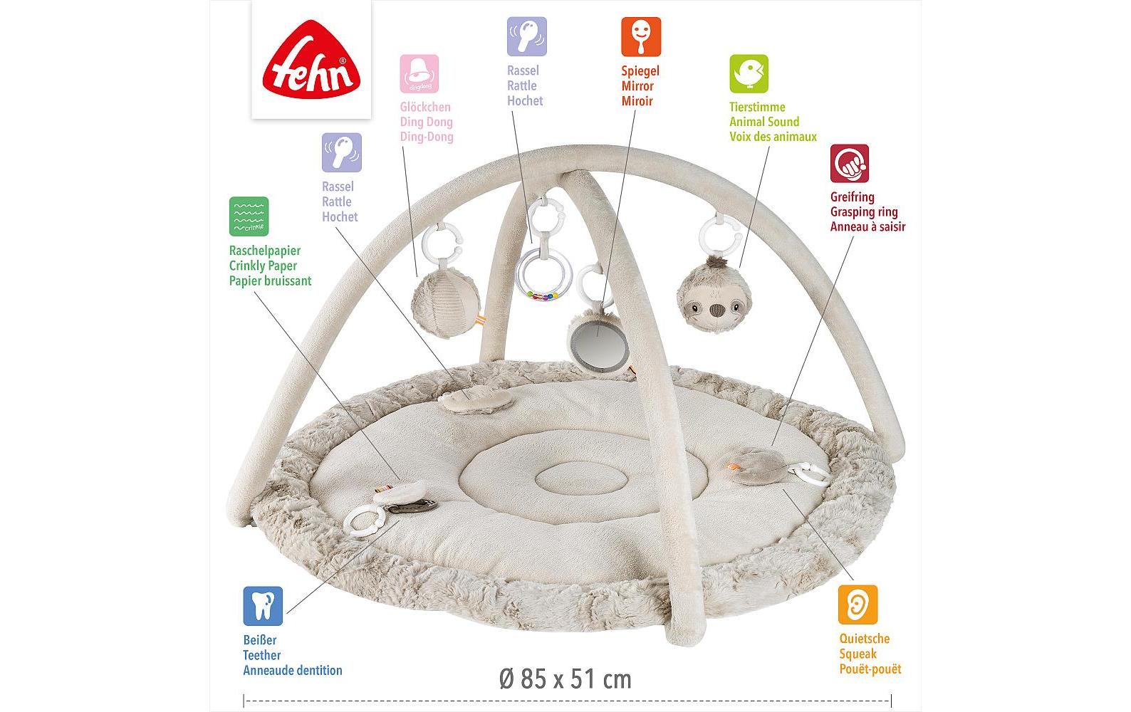 Fehn Krabbeldecke mit Spielbogen – 92 × 48 cm – ab 0 J. – Plüsch, Polyester – grau/beige