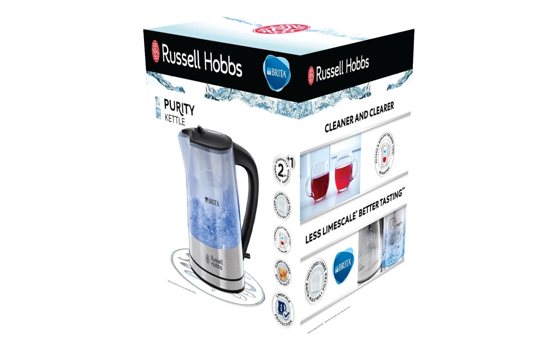 Russell Hobbs Wasserkocher Purity – 1 l, Glas, 2200 W, Schwarz, 360°-Sockel