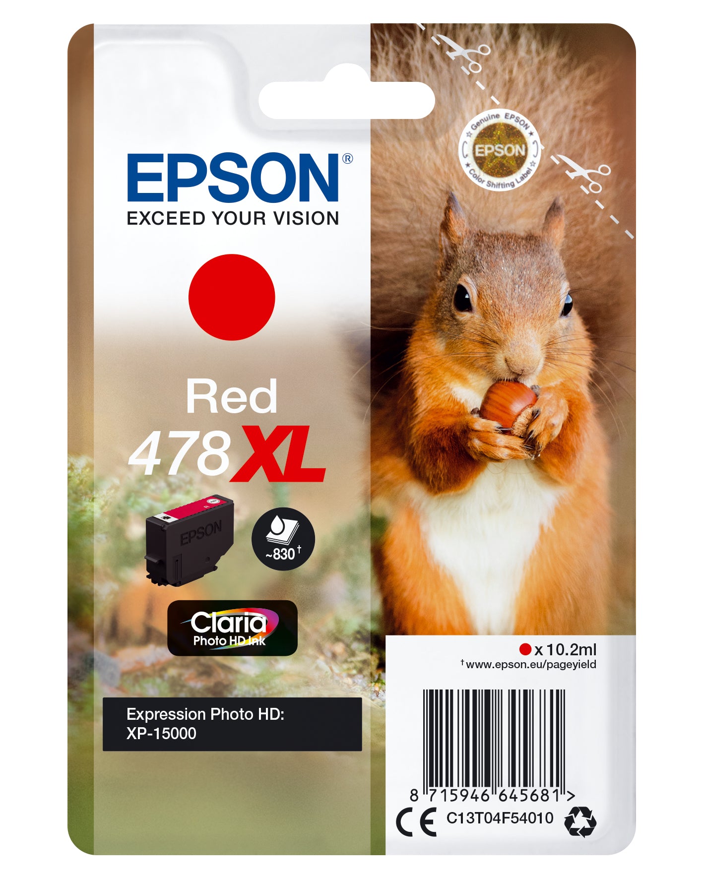 Epson 478XL Rot Tintenpatrone (Original) – 830 Seiten – für Expression Photo XP-8500 – T04F540