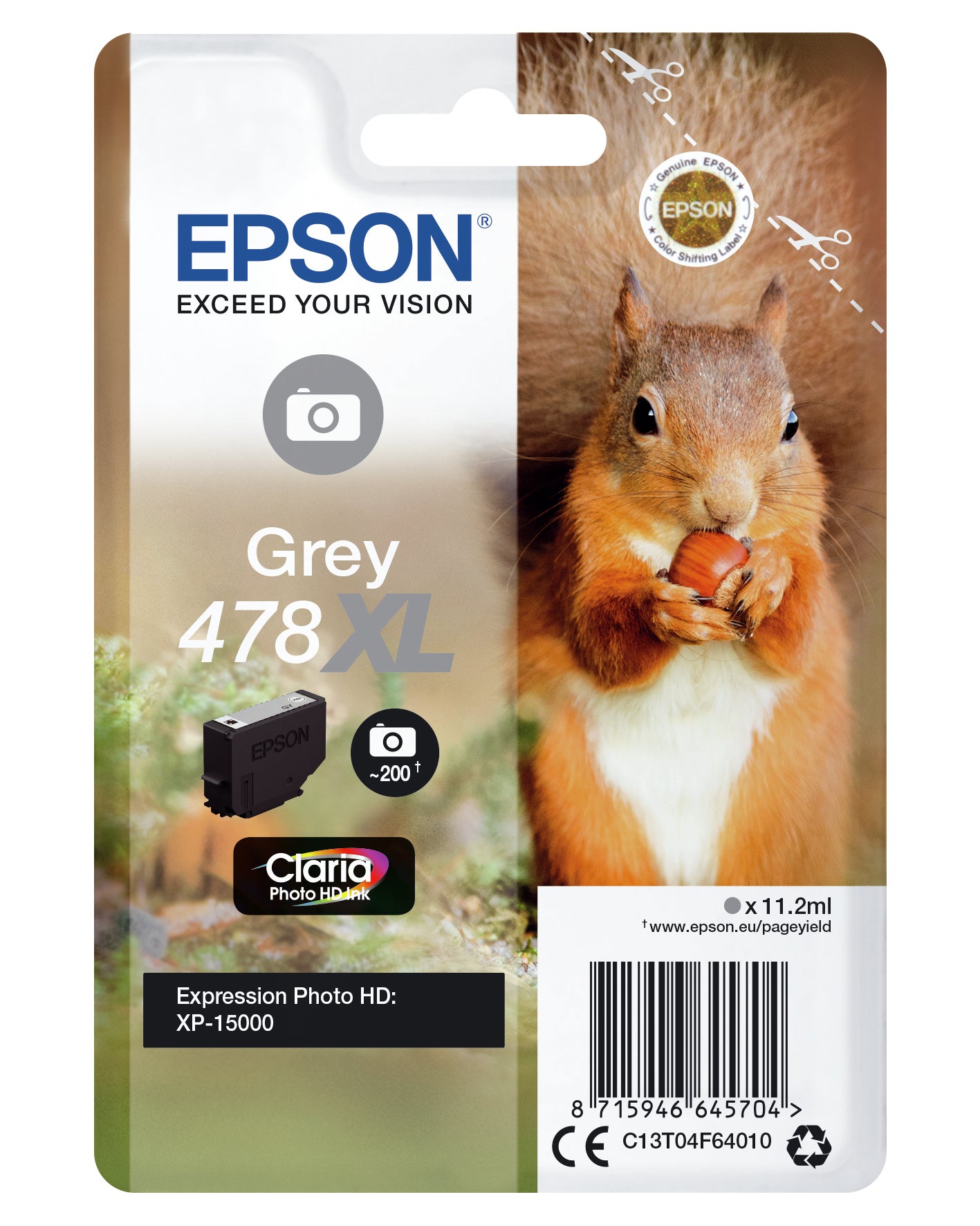 Epson 478XL Grau Tintenpatrone (Original) – 200 Seiten – für Expression Photo HD XP-15000 – C13T04F64020