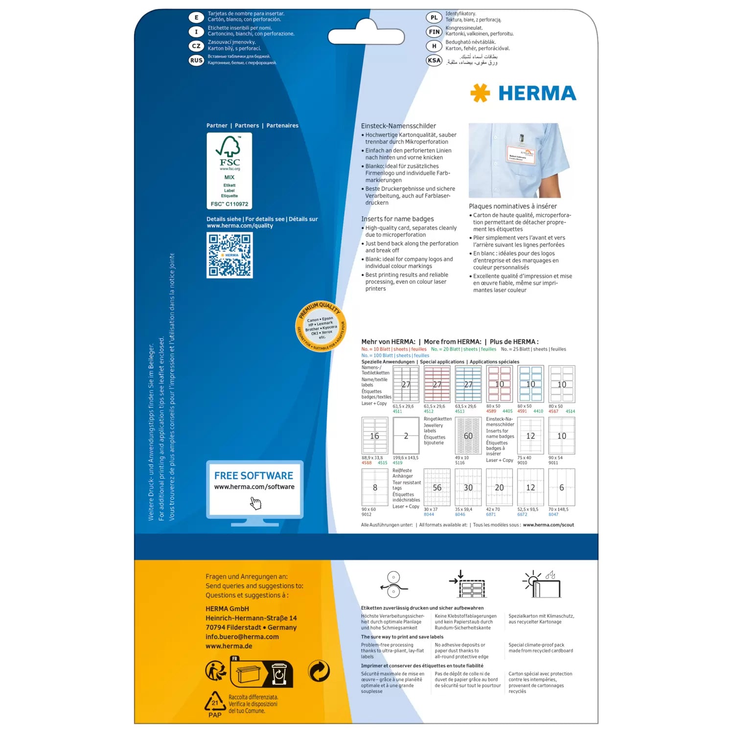 HERMA Einstecketiketten A4 (90 × 54 mm), 170 g/m², weiss, Papier – für Inkjet, Laser, Kopierer – 250 Karten