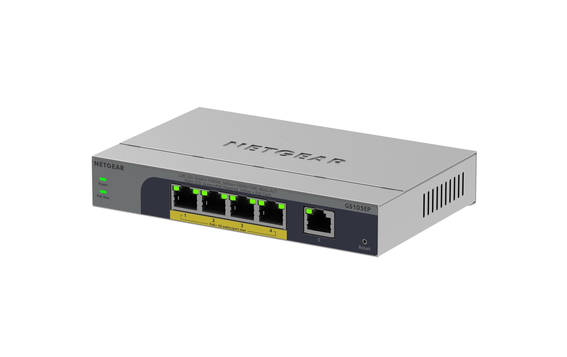 NETGEAR GS105EP – Unmanaged Switch – 5×GbE, PoE+ 63 W, Grau