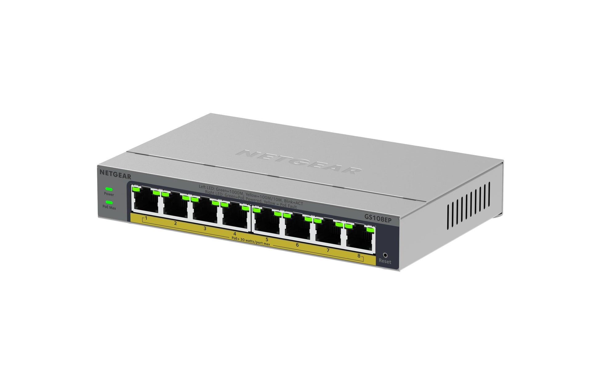 NETGEAR GS108EP – Managed L2/L3 Switch – 8× 1G, 8× PoE+, PoE-Budget 62 W