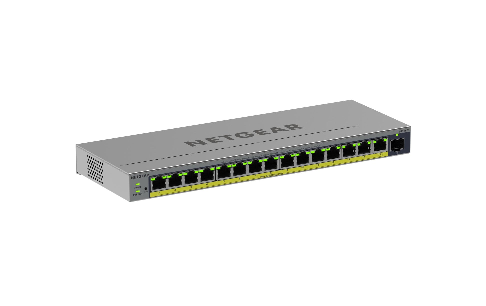 NETGEAR GS116EP – Managed L2/L3 Switch – 16× 1G, 1× SFP, PoE+, PoE-Budget 180 W