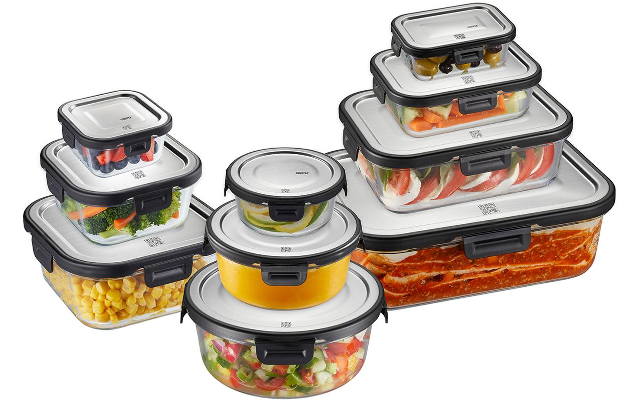 GEFU MILO – Vorratsdose 800 ml, 15,5 × 15,5 × 7,2 cm, Glas (Borosilikat), transparent/schwarz