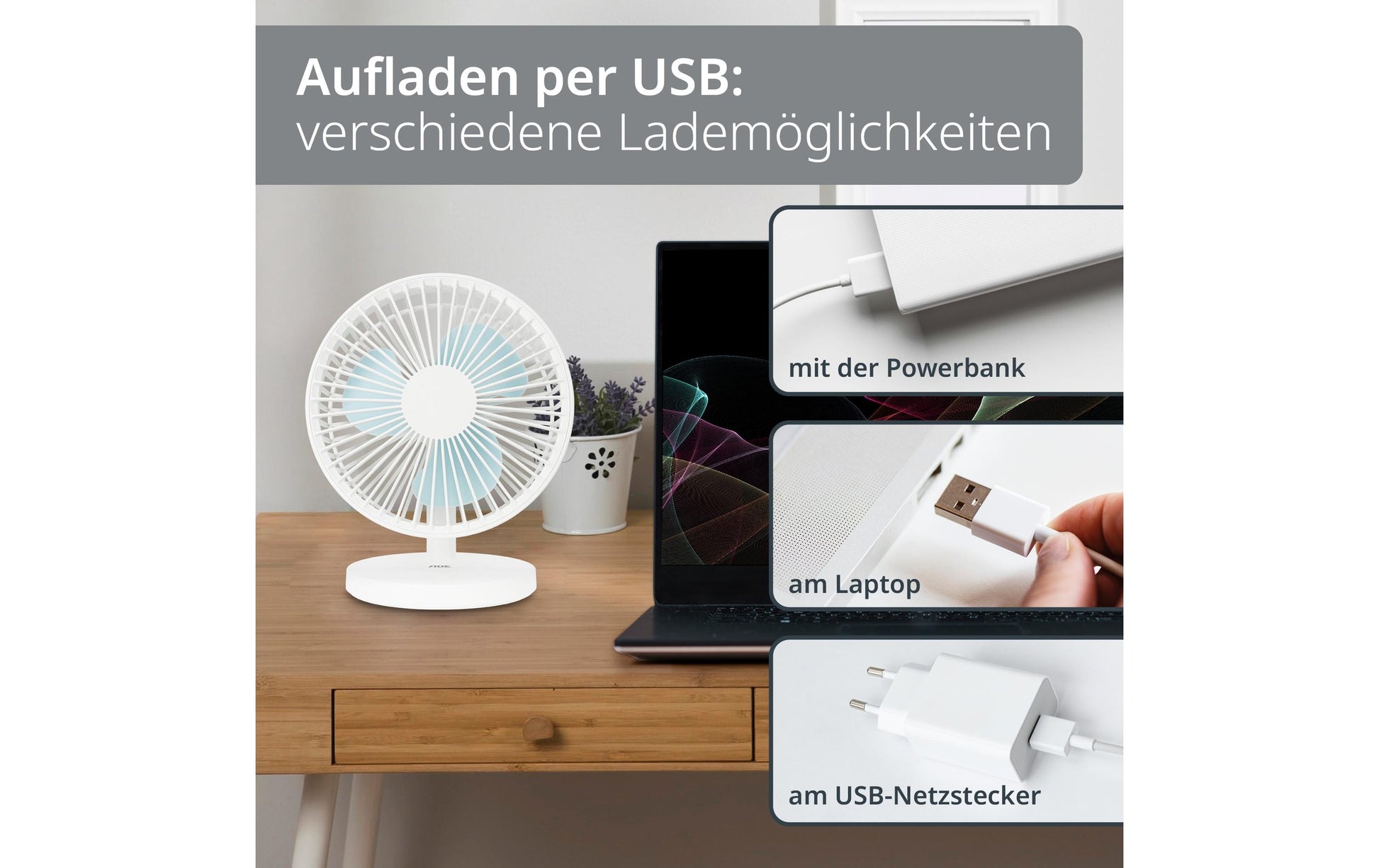 ADE USB-Tischventilator – 18 cm, 3 Stufen, 22 dB, Weiss