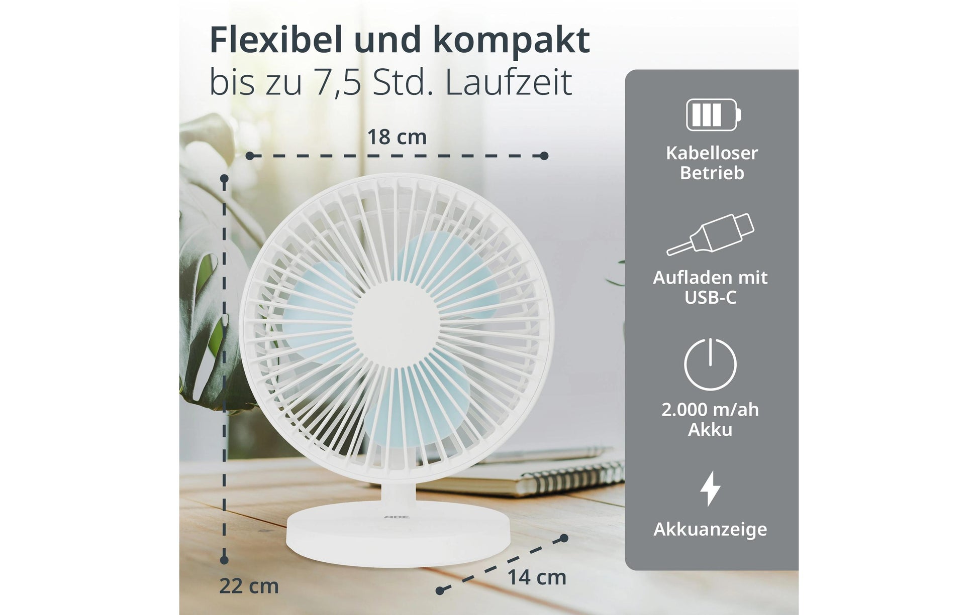 ADE USB-Tischventilator – 18 cm, 3 Stufen, 22 dB, Weiss