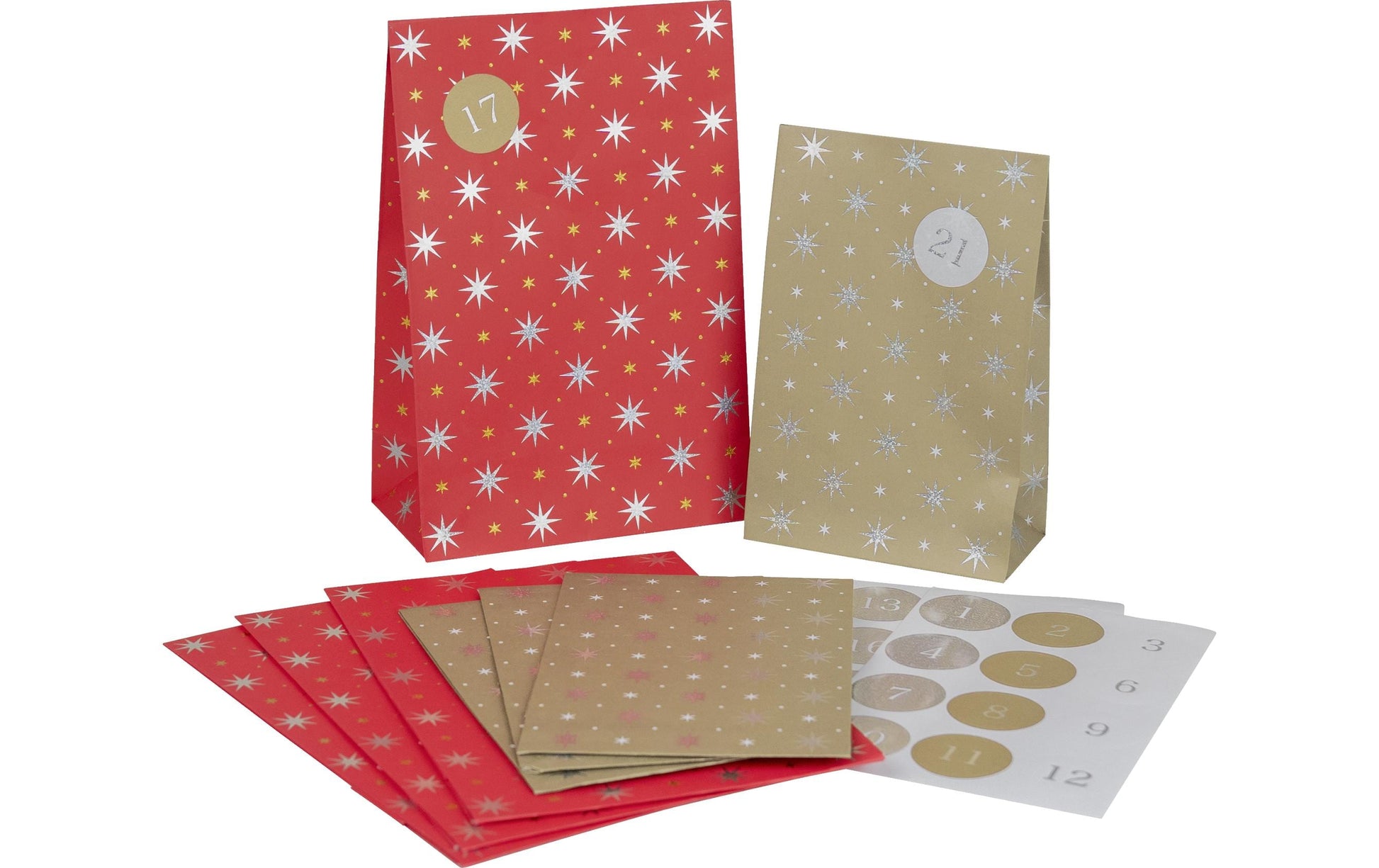 Stewo Adventskalender-Geschenktüten-Set 'Zidoni' – 16,5 × 5 × 28 cm, Papier, Gold, Rot, mit Aufklebern, 6 Stück