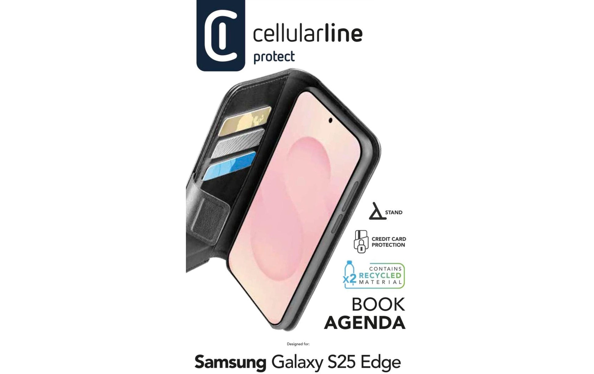 Cellularline Booklet-Hülle – für Samsung Galaxy S25 Edge – schwarz – Kunstleder – mit Kartenfach