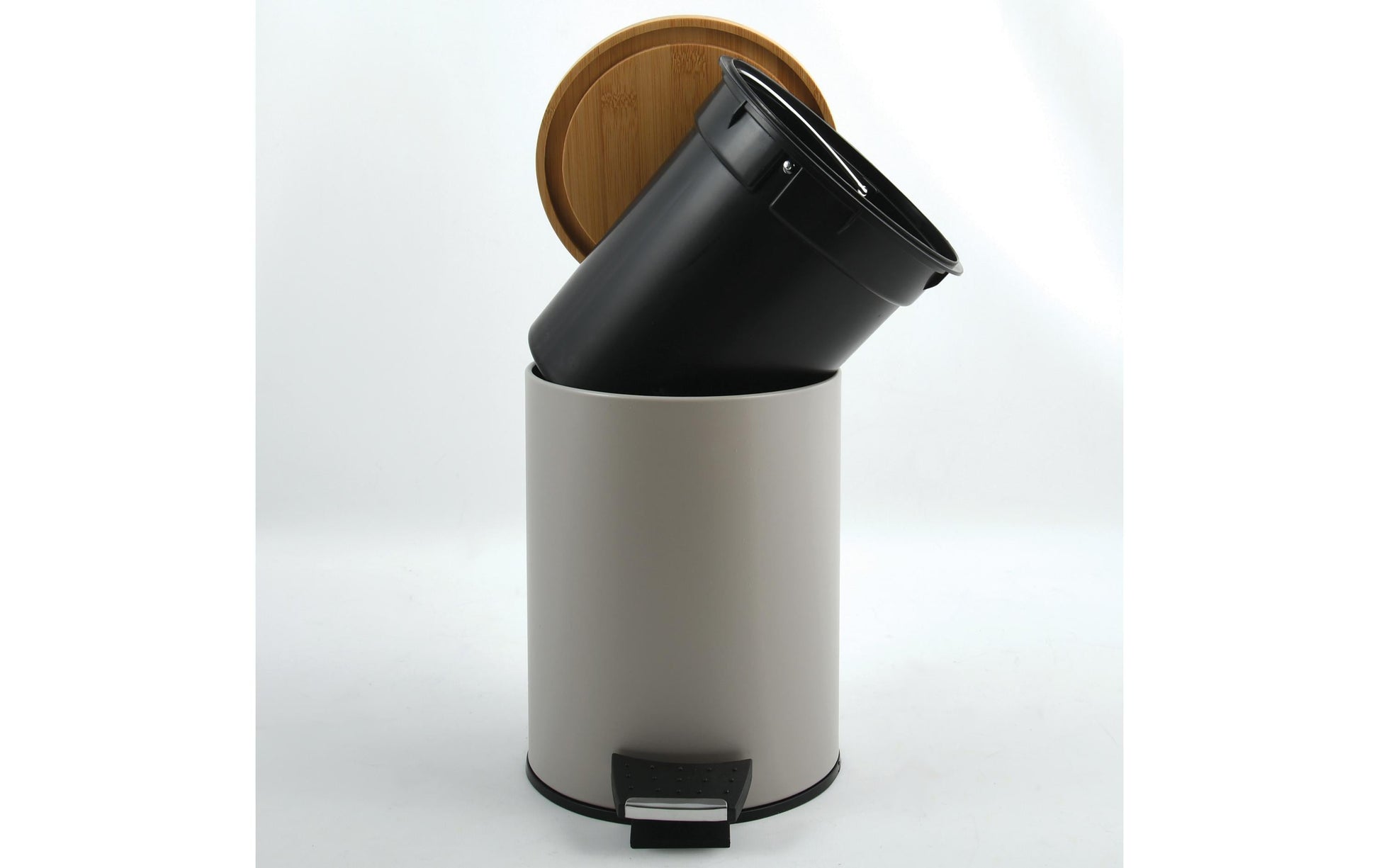 Spirella Papierkorb – 5 L – mit Deckel, Stahl, Bambus, Grau – Ø 205 × H 255 mm
