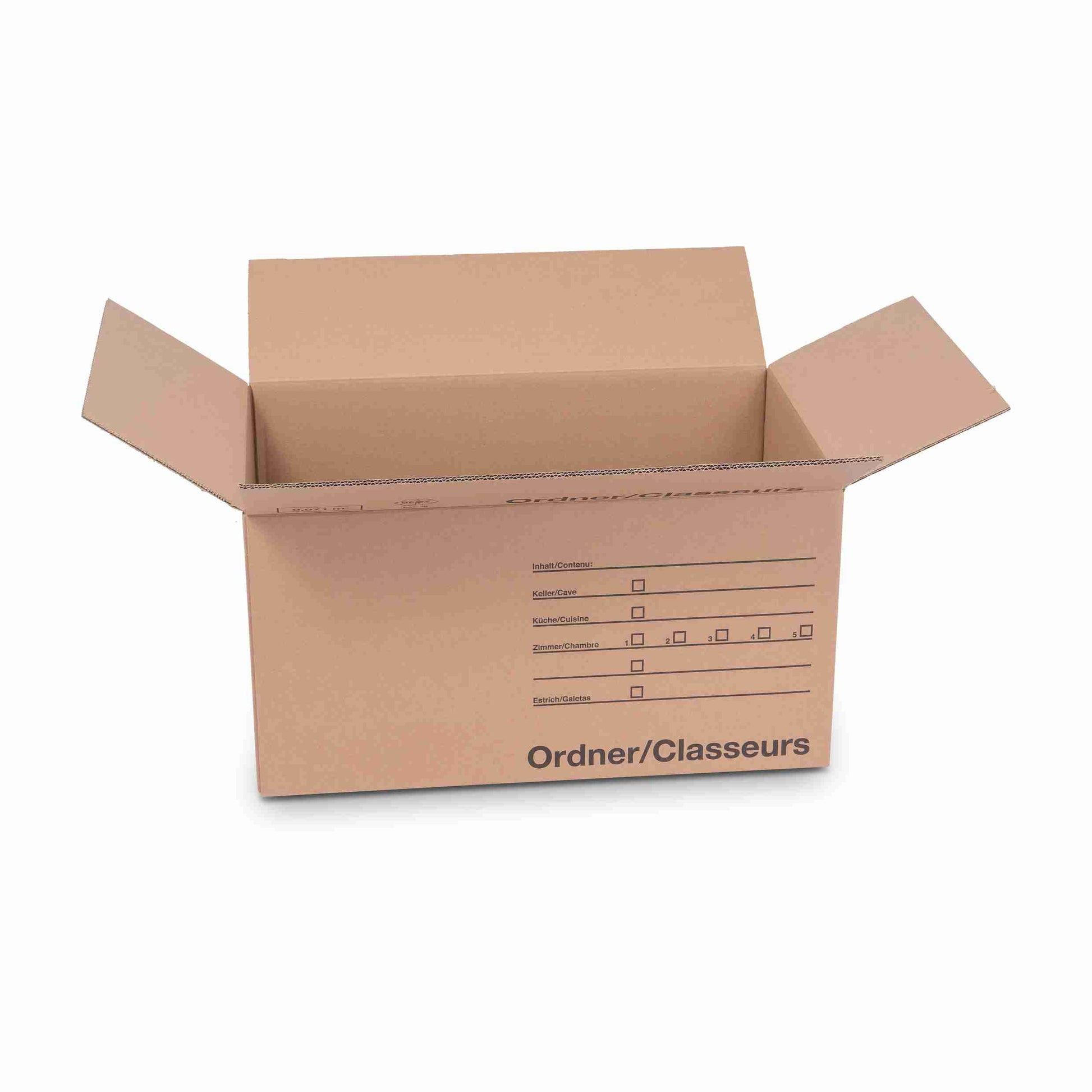 Model Fix-Aufrichtekarton – für Ordner & Hängeregister – 570 × 350 × 290 mm, braun, Grifflöcher, selbstklebend – 1 Stk., ab 100 Stk.