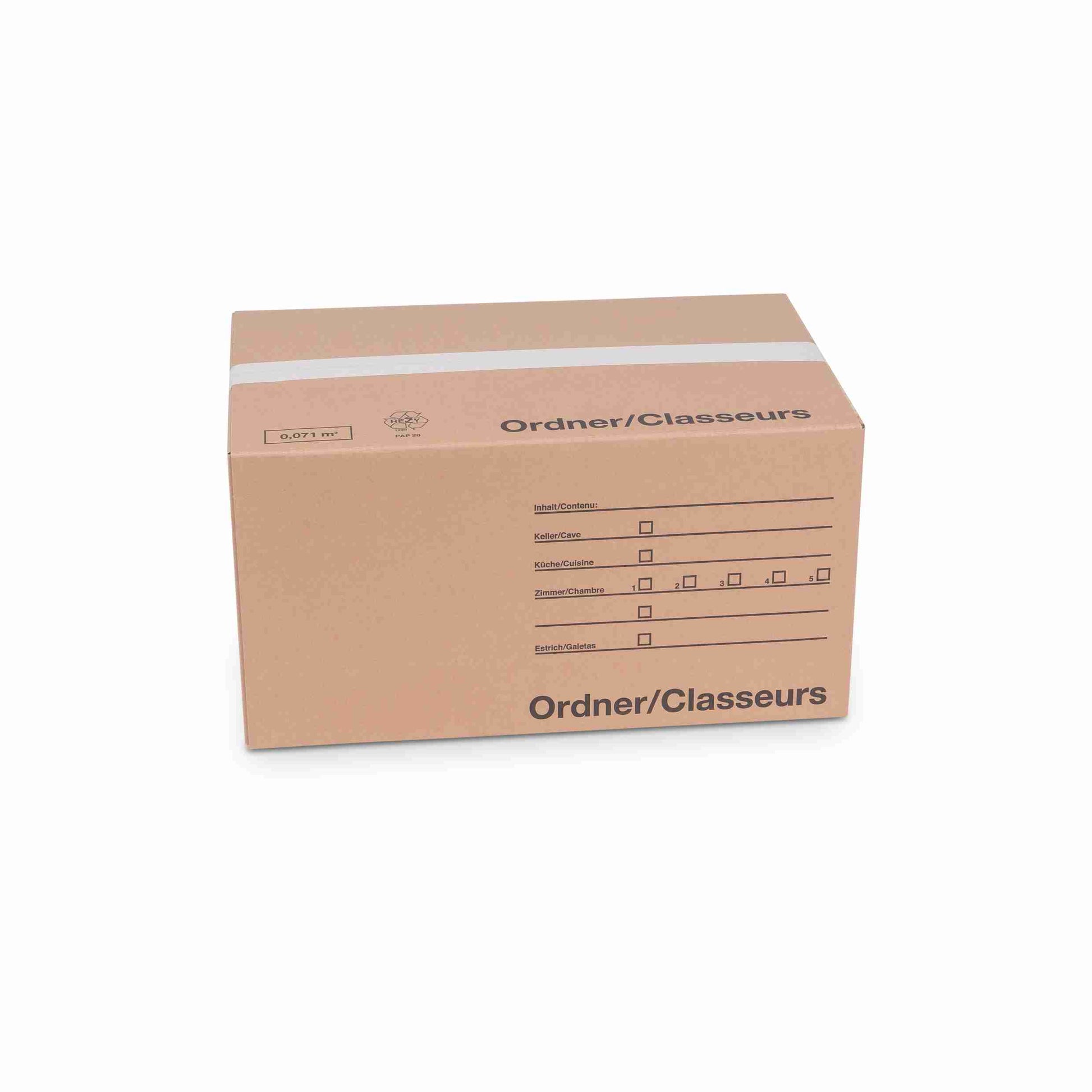 Model Fix-Aufrichtekarton – für Ordner & Hängeregister – 570 × 350 × 290 mm, braun, Grifflöcher, selbstklebend – 1 Stk., ab 100 Stk.