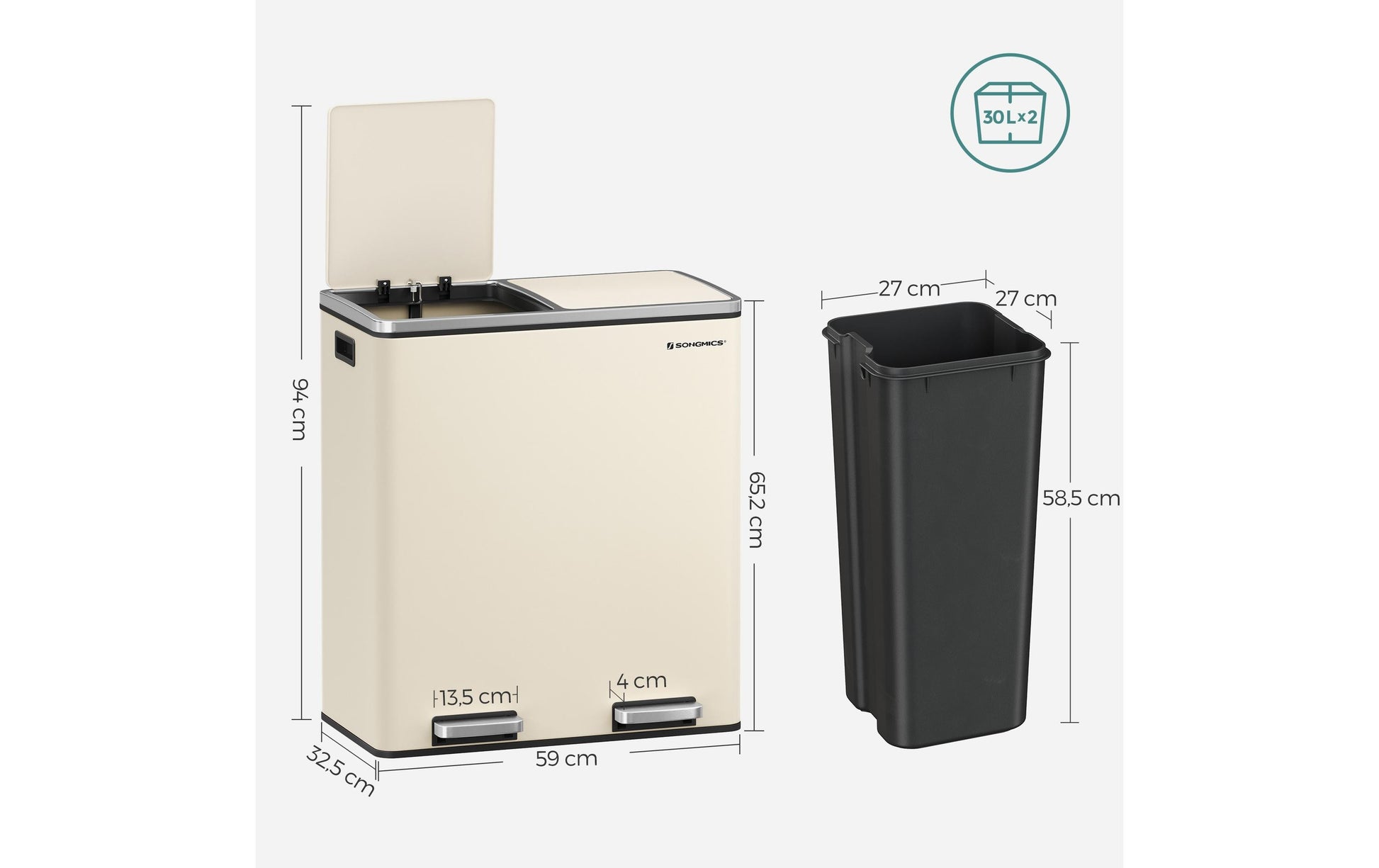 Songmics Systempapierkorb – 30 + 30 l – Stahl, weiss – B × H × T 585 × 360 × 650 mm