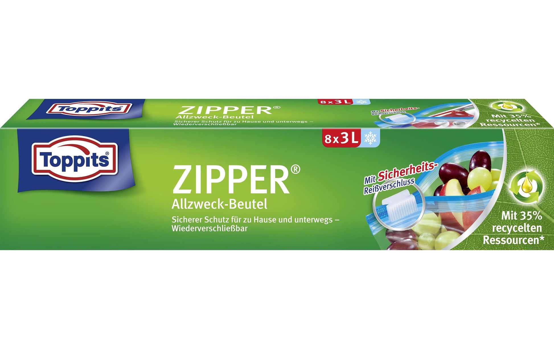 Toppits Standbodenbeutel – 240 × 270 mm, Reissverschluss, Standboden, transparent, PE – 8 Stk.