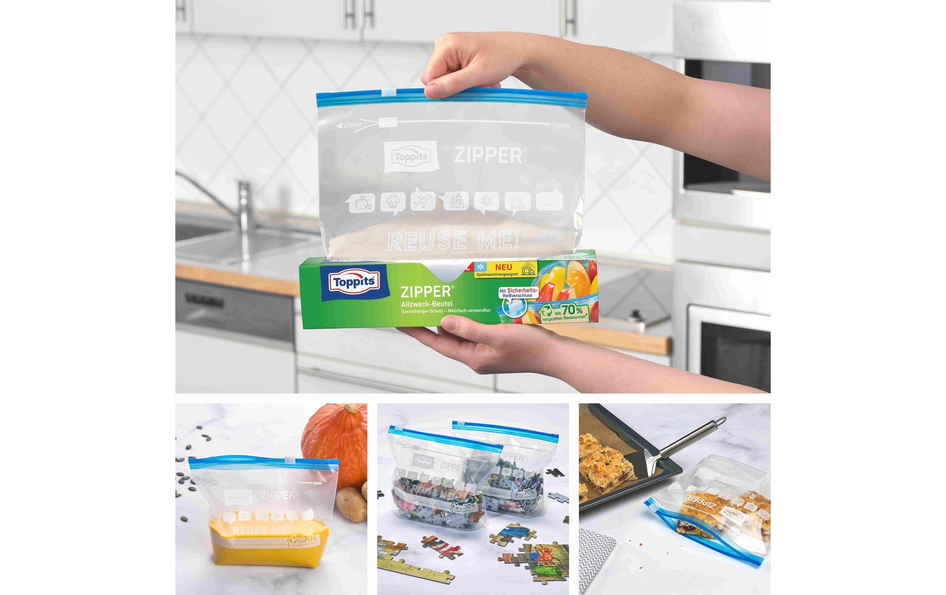 Toppits Standbodenbeutel – 240 × 270 mm, Reissverschluss, Standboden, transparent, PE – 8 Stk.