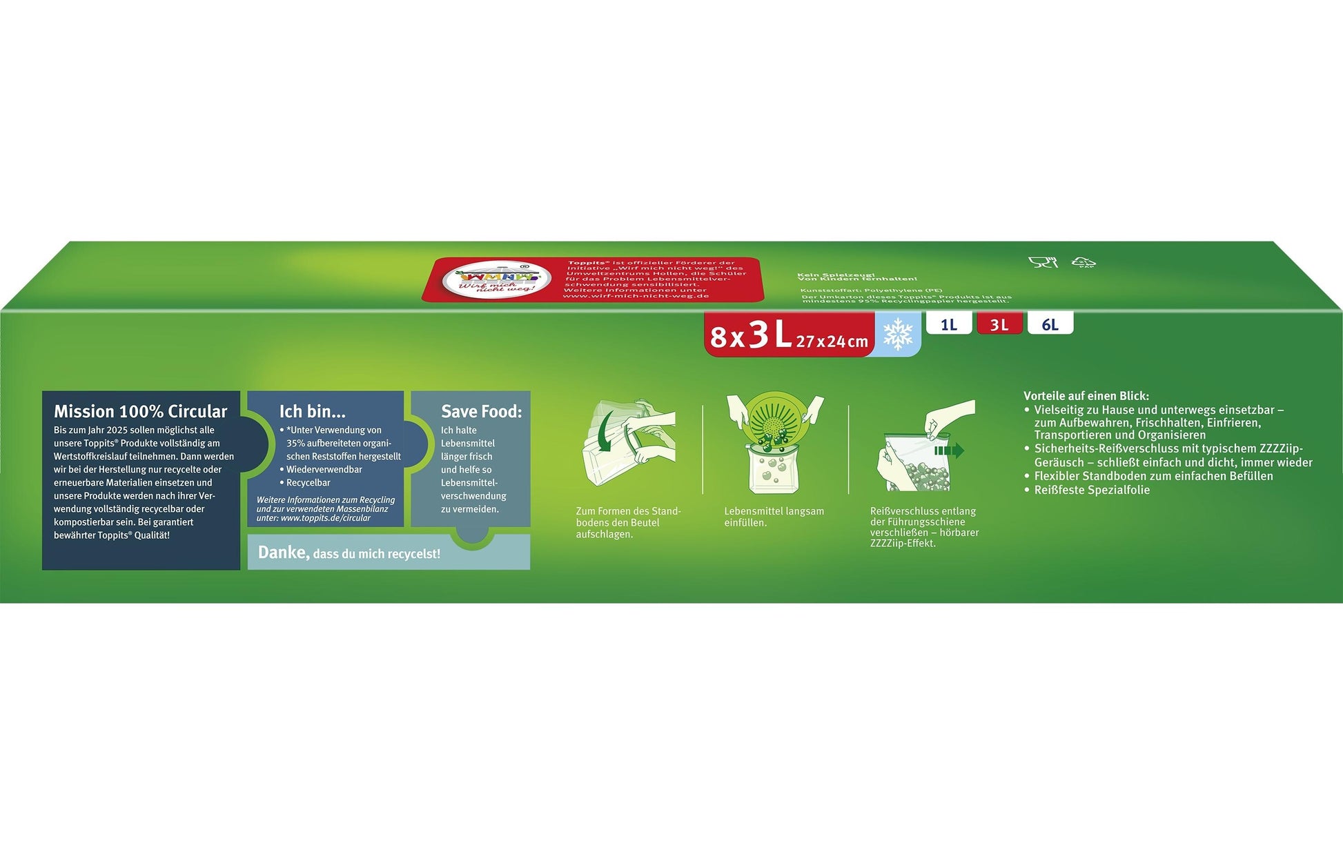 Toppits Standbodenbeutel – 240 × 270 mm, Reissverschluss, Standboden, transparent, PE – 8 Stk.