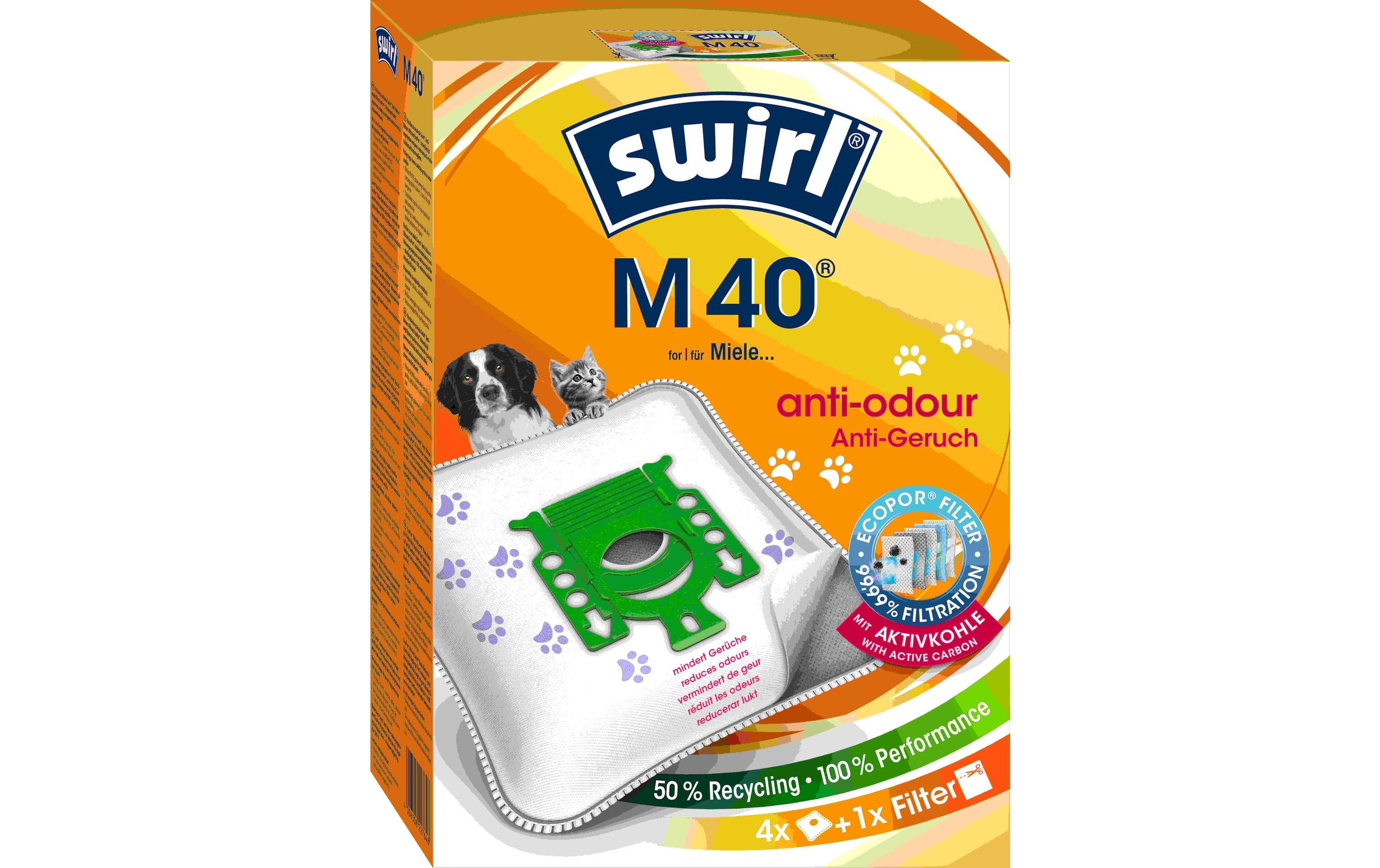Swirl Staubbeutel M40 EcoPor Anti Geruch – 4 Stück, für Miele Classic/C1/C2/C3S, Hoover AT70, AthosH 72/73