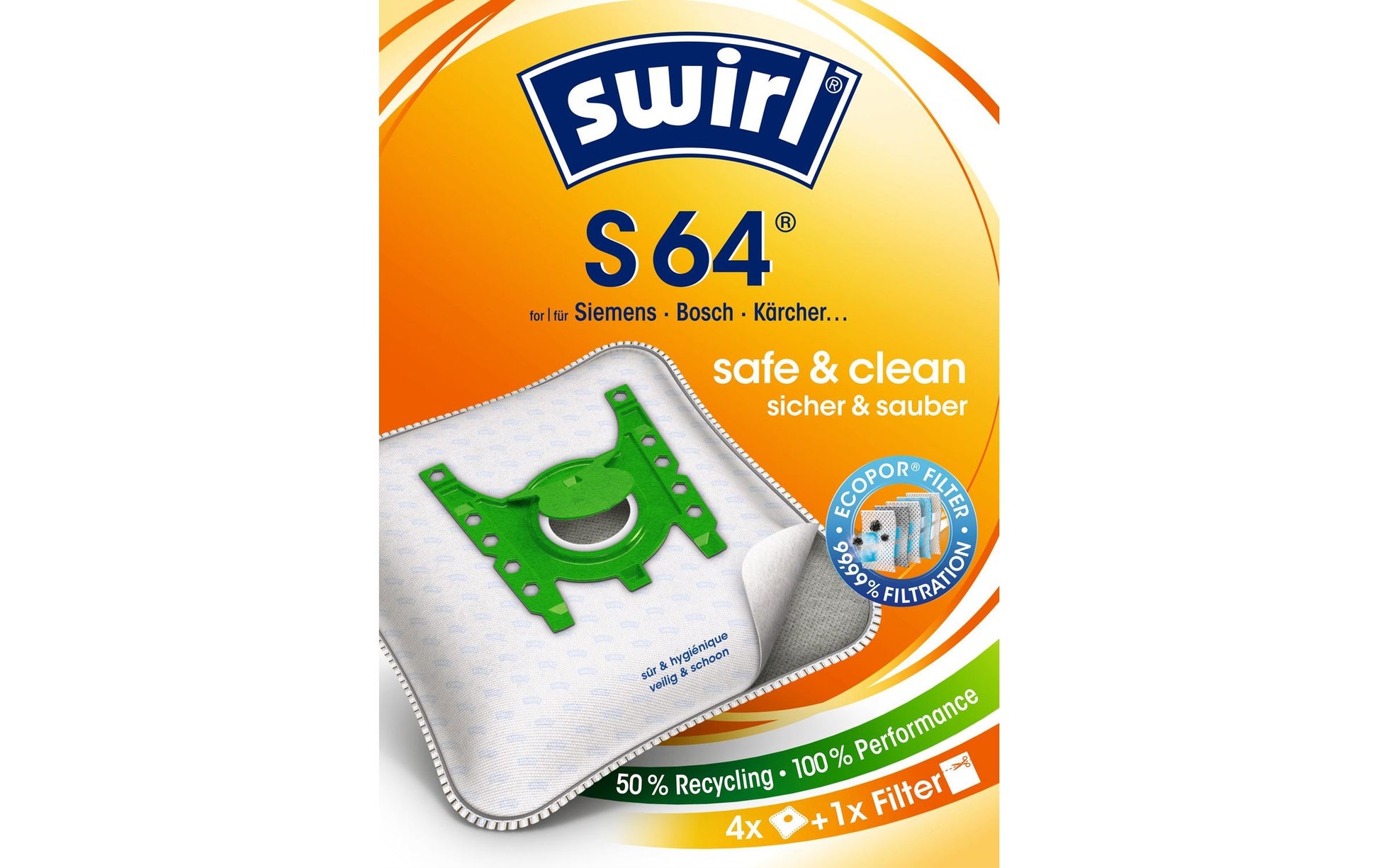 Swirl Staubbeutel S 64/S 66 MicroPor – 4 Stück, für Siemens VS 20A00–VS 29A99 und andere