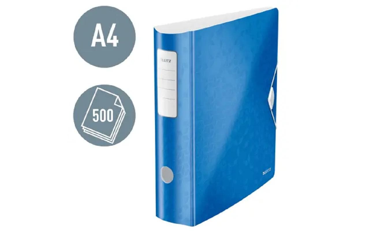 Leitz Ordner – A4 hoch – 2-Ring Hebelmechanik, Rücken 80 mm – blau, mit Niederhalter, mit Griffloch