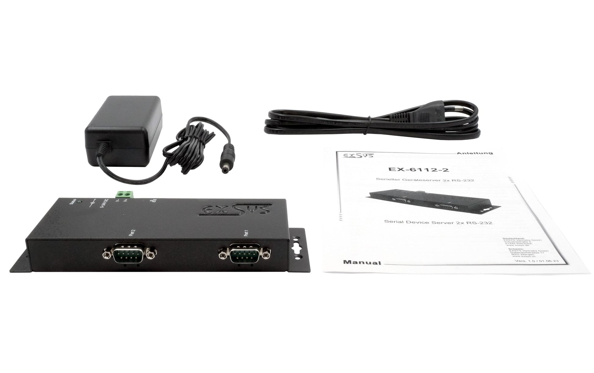 EXSYS EX-6112-2 Serieller Geräteserver RS-232 zu Ethernet – 2× RS-232 (9-polig), RJ-45, für RS-232-Geräte