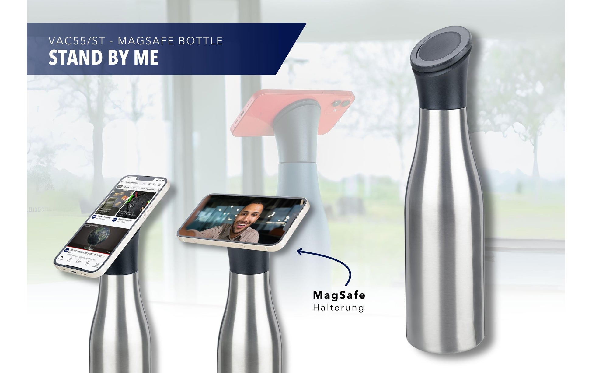 TROIKA STAND BY ME Isolierflasche 550 ml – doppelwandig 12 h heiss/24 h kalt, Edelstahl, Klappdeckel, Blau
