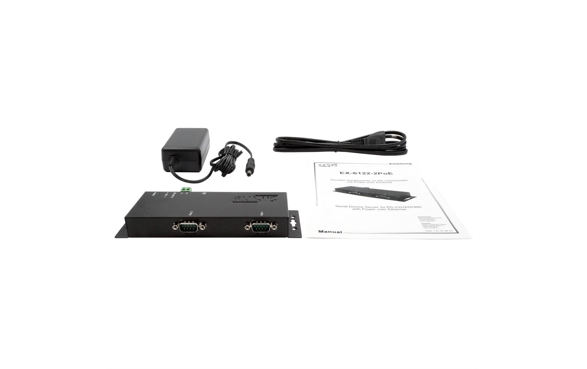 EXSYS EX-6122-2PoE Seriell zu Ethernet – 2× RS-232 (9-polig), PoE/PoE+ – für serielle Geräte
