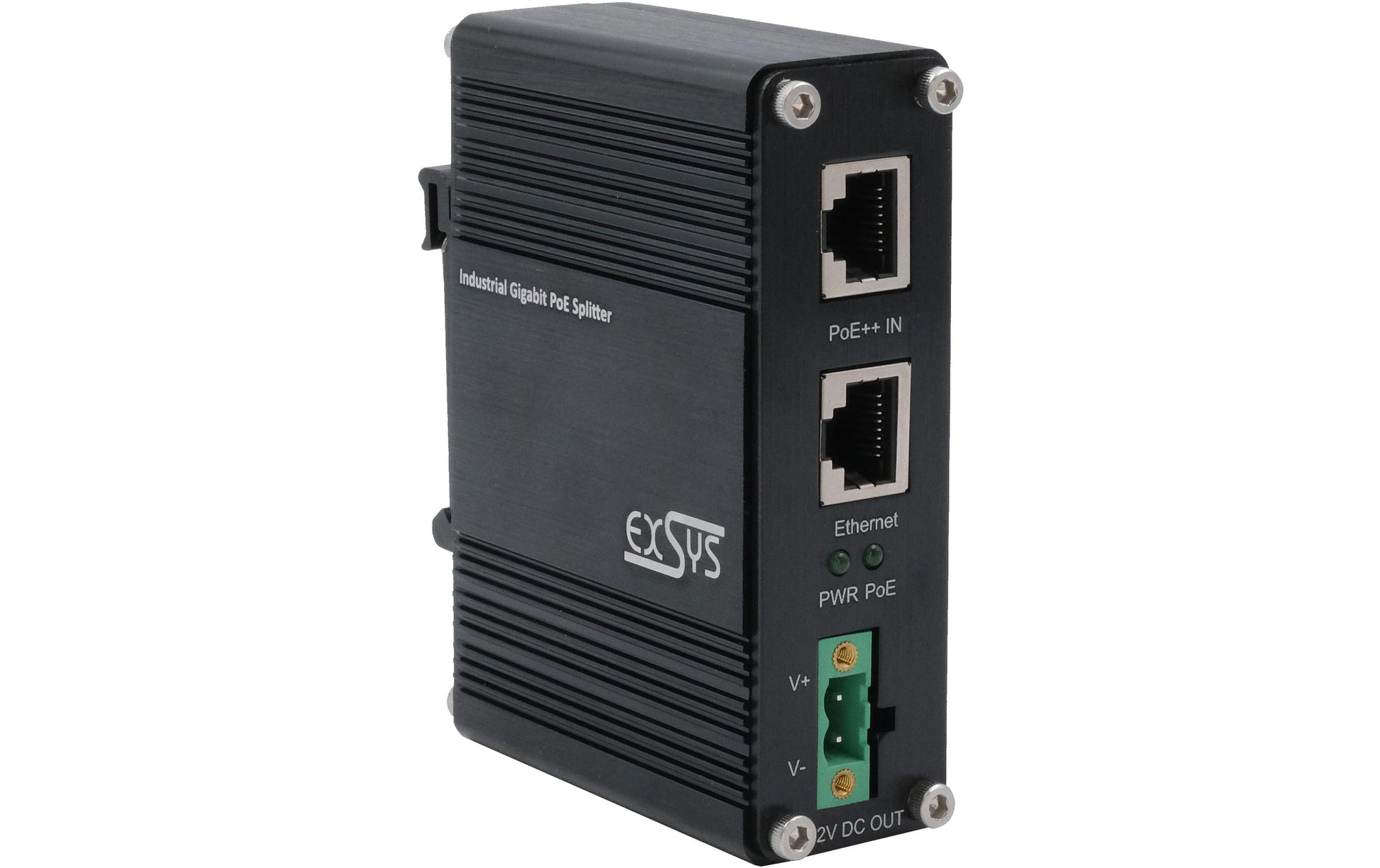 EXSYS EX-60326 PoE-Splitter – Gigabit, PoE++ 12 VDC/36 W, 1× RJ-45, Hutschiene – für IP-Kameras/WLAN-AP