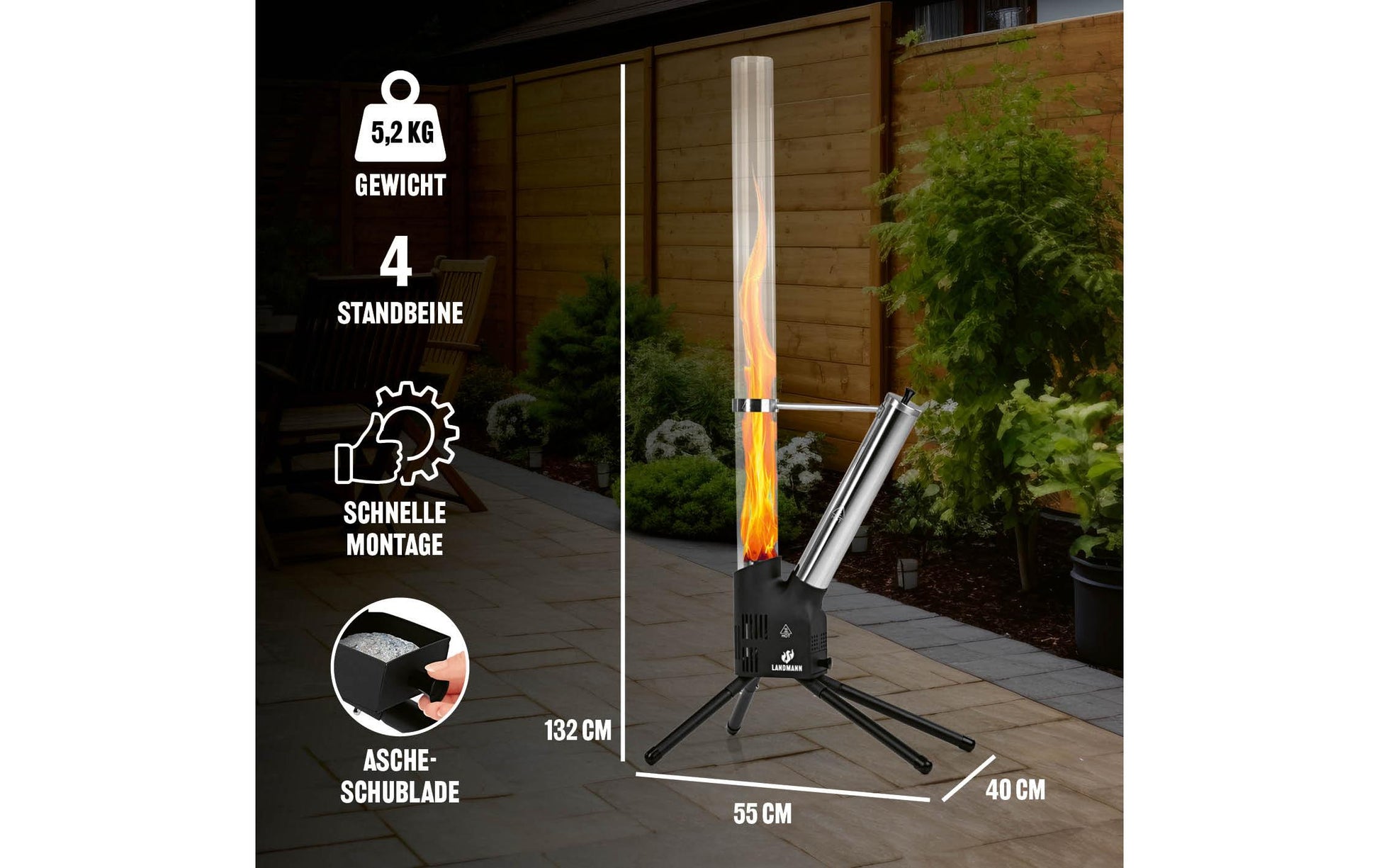 Landmann Dekorative Aussen Pellet-Fackel – 129,5 cm – Schwarz, Stahl