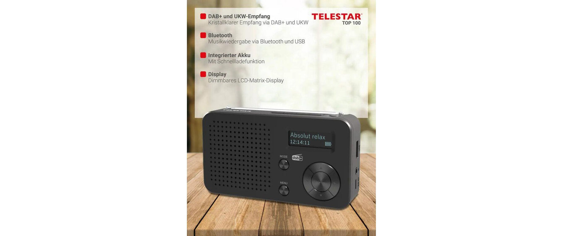 Telestar TOP 100 – DAB-/Internetradio – DAB+, UKW, Bluetooth, Akkubetrieb – Schwarz