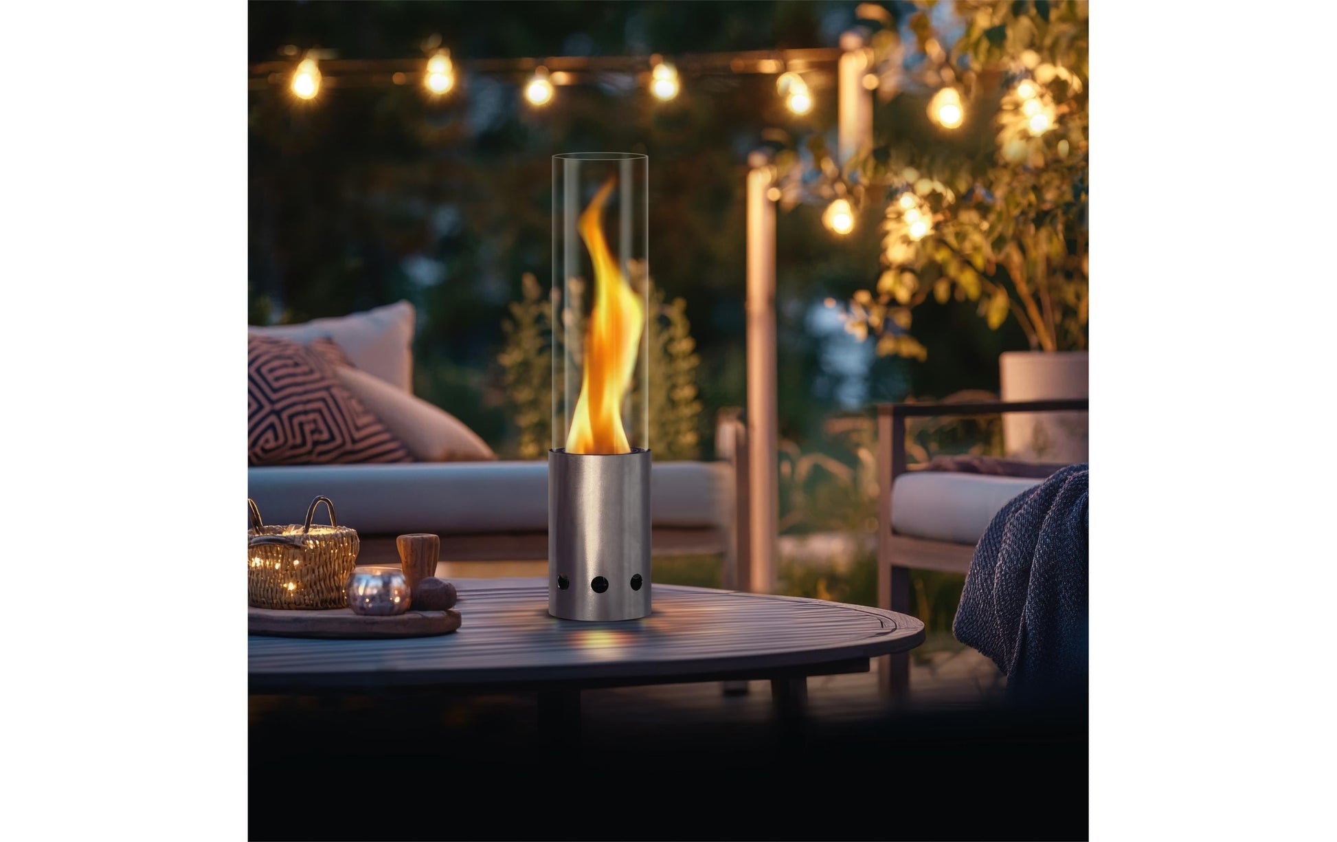 Gardenflare Tischfeuer – Ø 20 × 50,1 cm – Borosilikatglas & Edelstahl, Silber