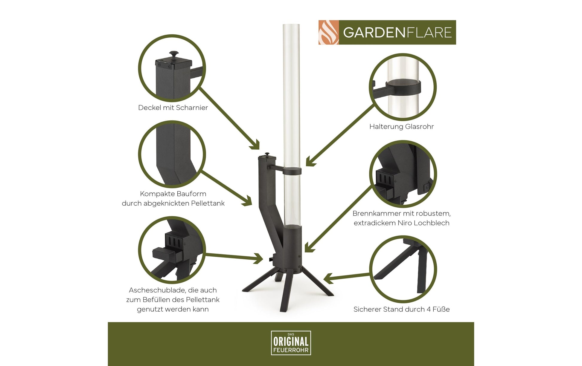 Gardenflare Freistehende Feuerstelle – Ø 8 × 130 cm – Metall & Borosilikatglas & Edelstahl, Schwarz