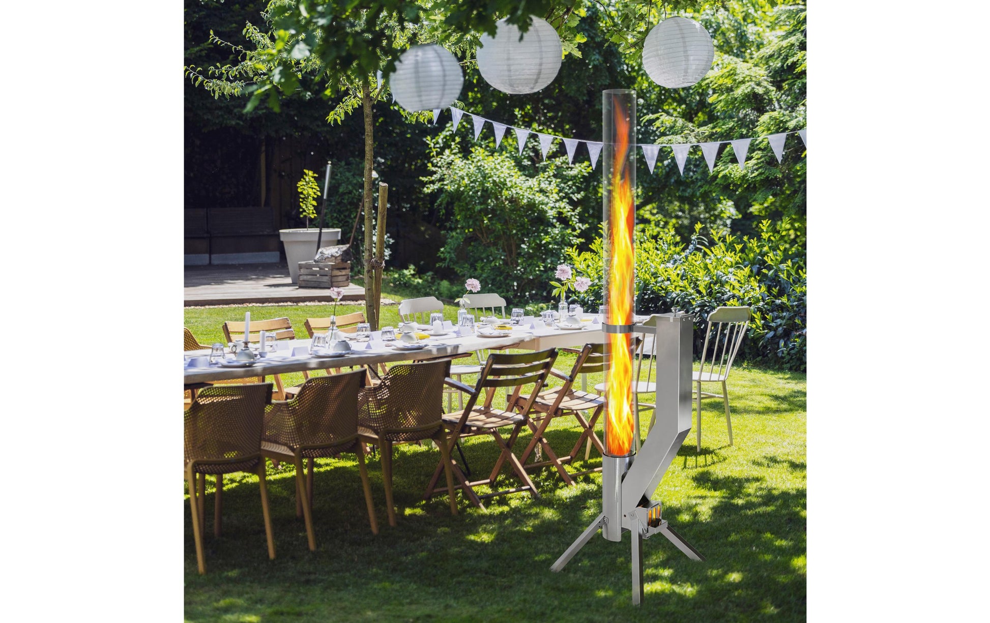 Gardenflare Premium Feuerrohr – Ø 10 × 148 cm – Edelstahl & Borosilikatglas, Silber