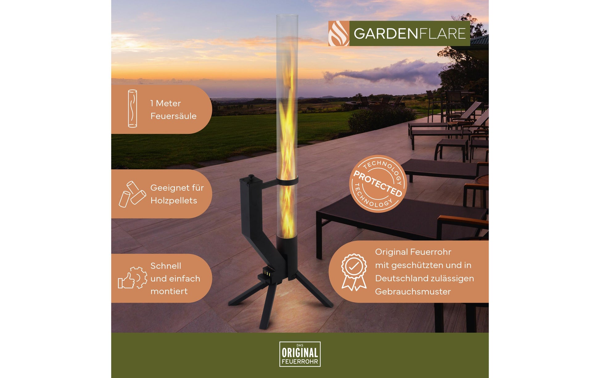 Gardenflare Freistehende Feuerstelle – Ø 8 × 130 cm – Metall & Borosilikatglas & Edelstahl, Schwarz