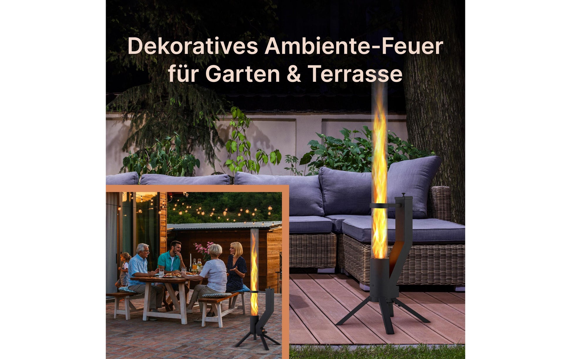 Gardenflare Freistehende Feuerstelle – Ø 8 × 130 cm – Metall & Borosilikatglas & Edelstahl, Schwarz