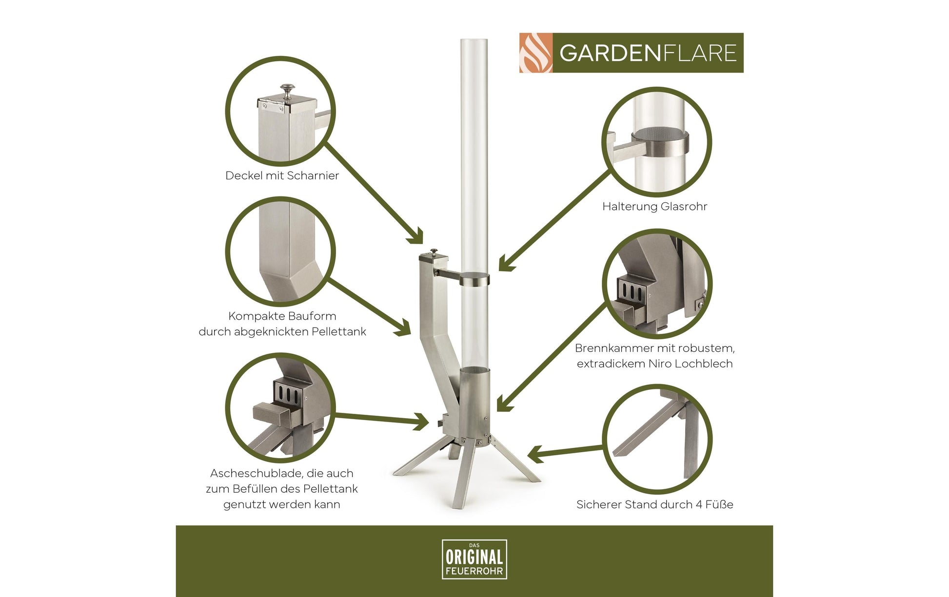 Gardenflare Feuerrohr – Ø 8 × 130 cm – Edelstahl & Borosilikatglas, Silber