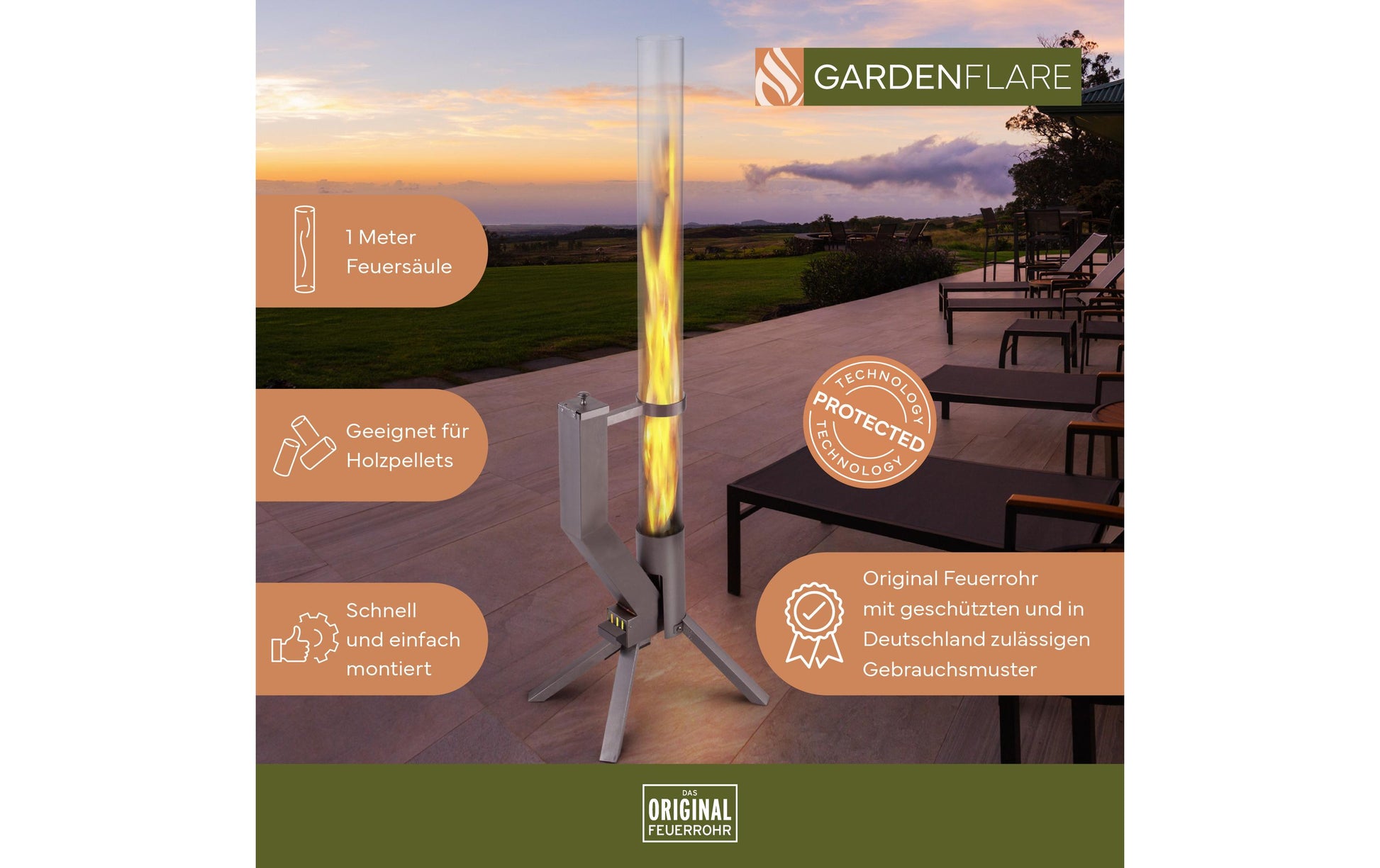Gardenflare Feuerrohr – Ø 8 × 130 cm – Edelstahl & Borosilikatglas, Silber