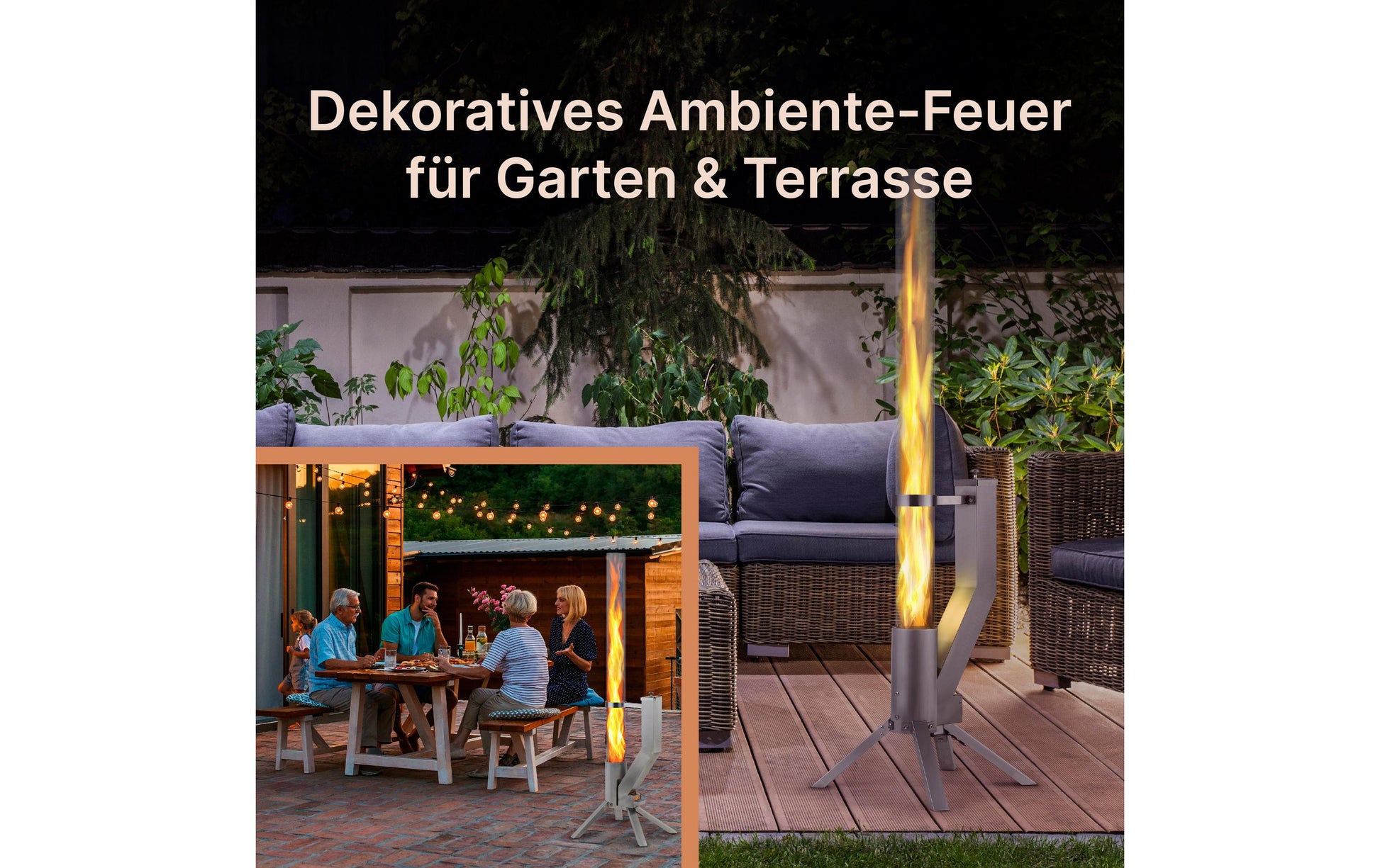 Gardenflare Feuerrohr – Ø 8 × 130 cm – Edelstahl & Borosilikatglas, Silber