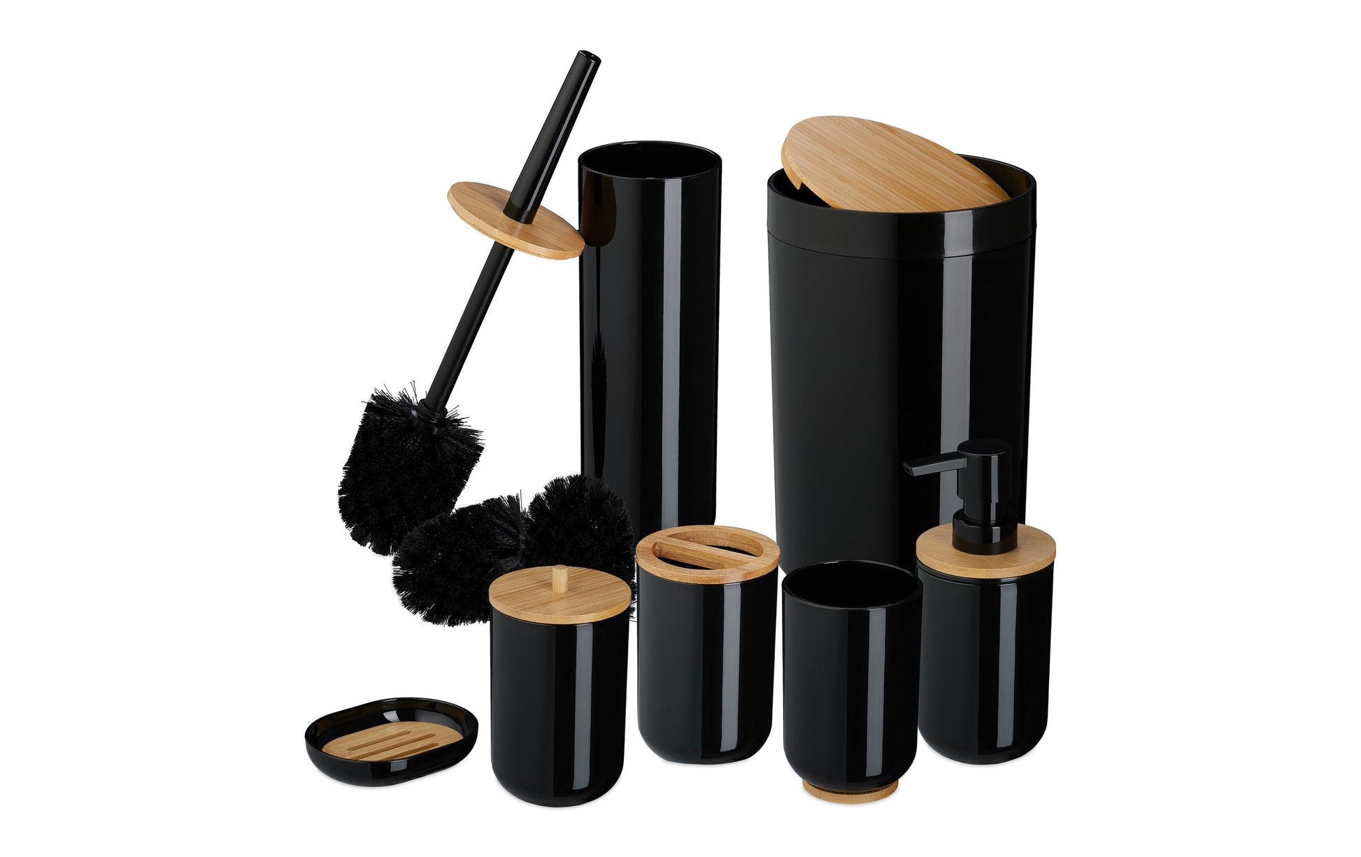 Relaxdays Badezimmer-Set – Kunststoff (65%)/Kunststoff (20%)/Bambus (15%), freistehend, Schwarz/Holz, 7-teilig