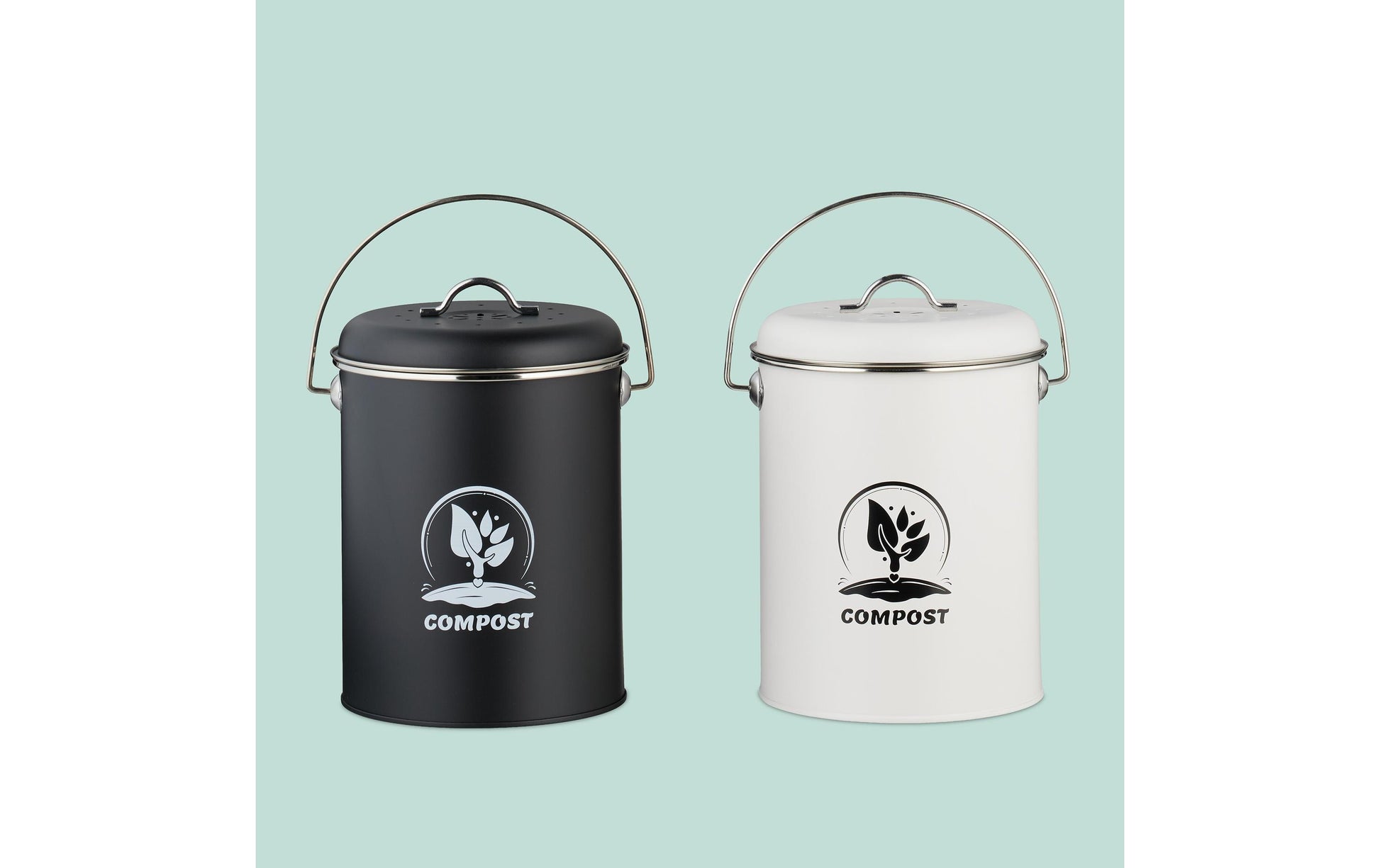 Relaxdays Komposteimer – 5,5 l – Eisen, rund – silber/schwarz – mit Filter