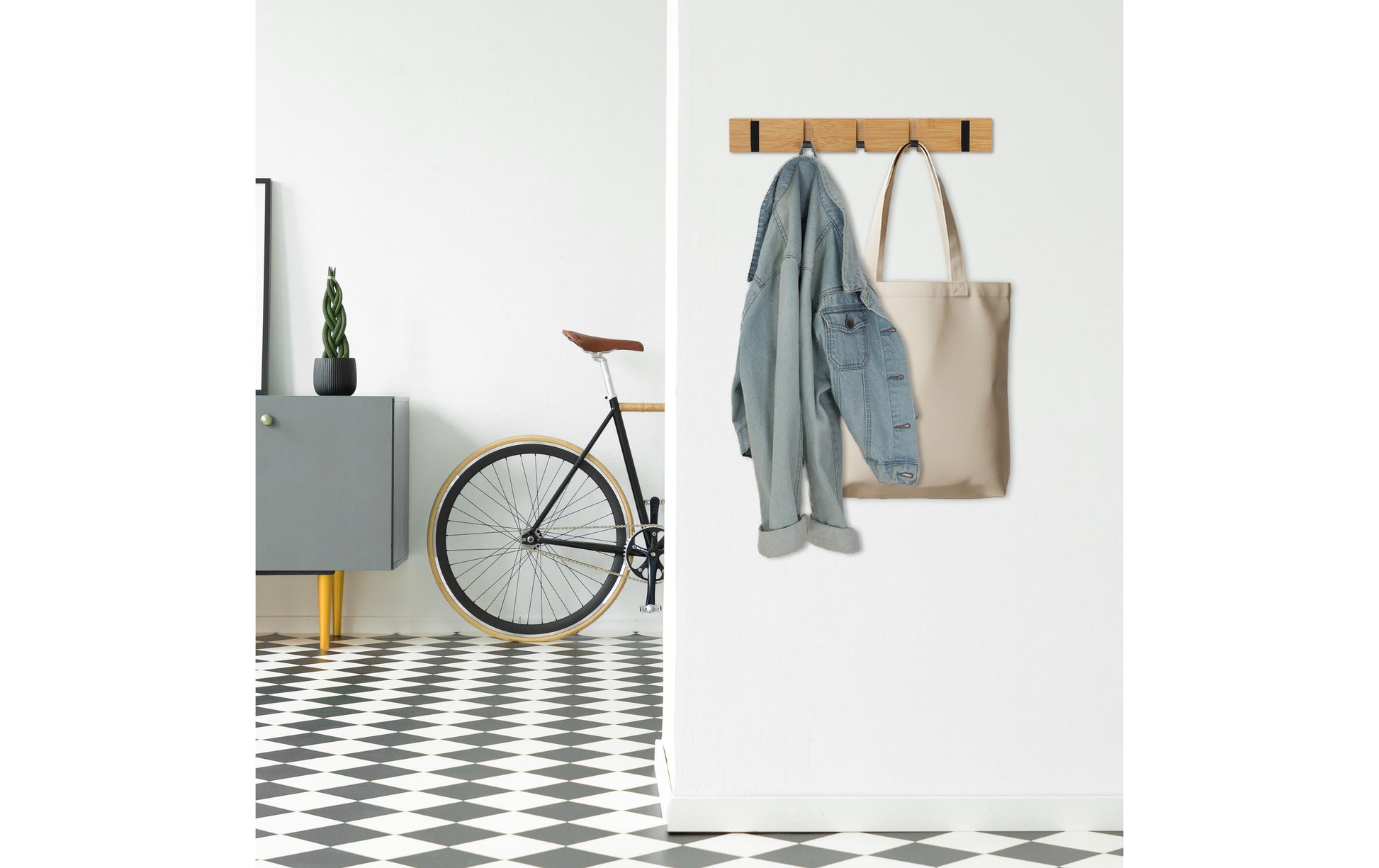 Relaxdays 10050932_8059 Wandgarderobe 5 Haken – Bambus/Aluminium – Hellbraun
