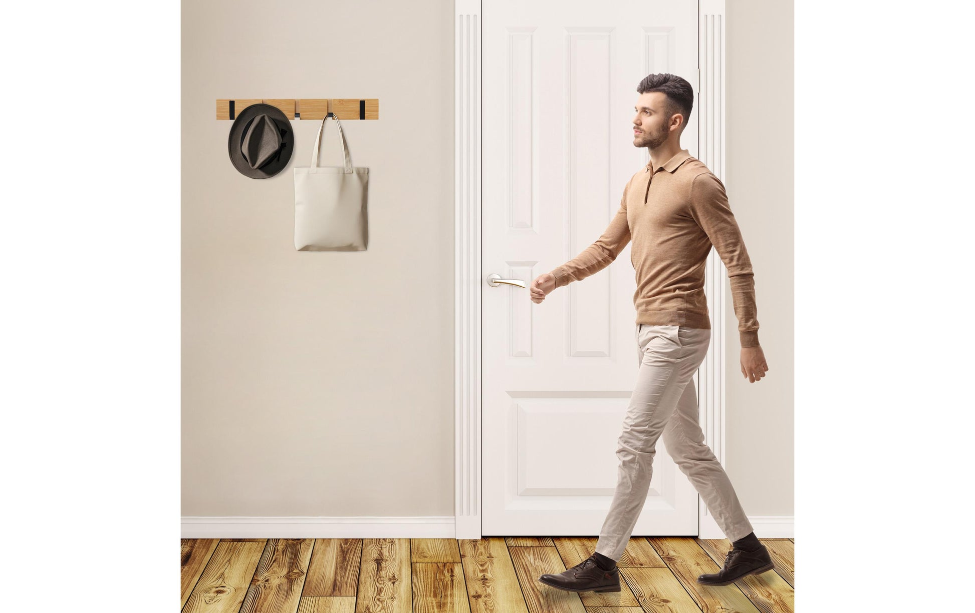 Relaxdays 10050932_8059 Wandgarderobe 5 Haken – Bambus/Aluminium – Hellbraun