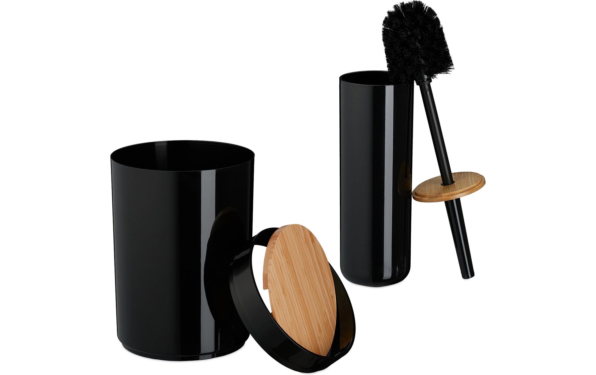 Relaxdays Badezimmer-Set – Kunststoff (65%)/Kunststoff (20%)/Bambus (15%), freistehend, Schwarz/Holz, 7-teilig