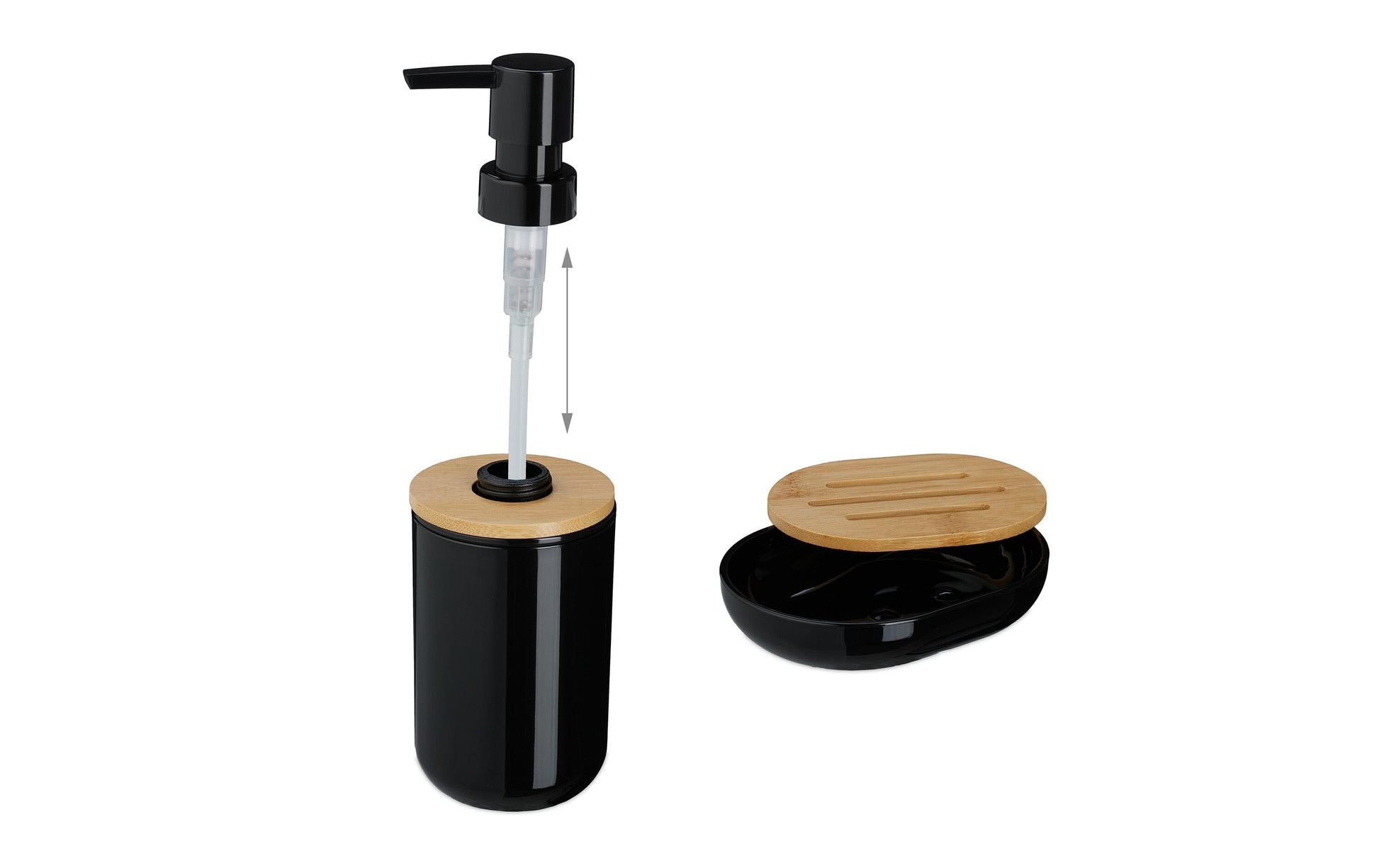 Relaxdays Badezimmer-Set – Kunststoff (65%)/Kunststoff (20%)/Bambus (15%), freistehend, Schwarz/Holz, 7-teilig