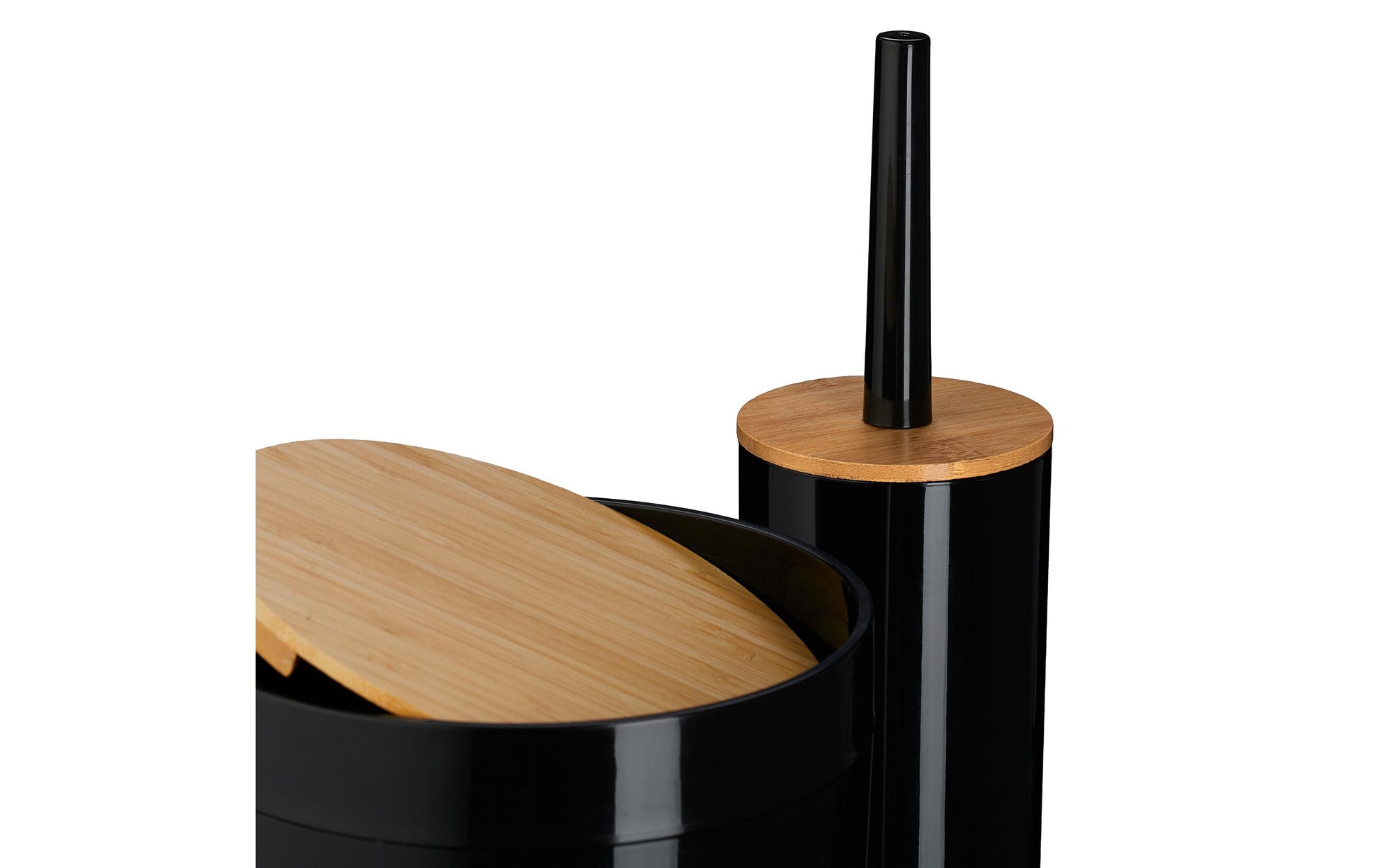 Relaxdays Badezimmer-Set – Kunststoff (65%)/Kunststoff (20%)/Bambus (15%), freistehend, Schwarz/Holz, 7-teilig