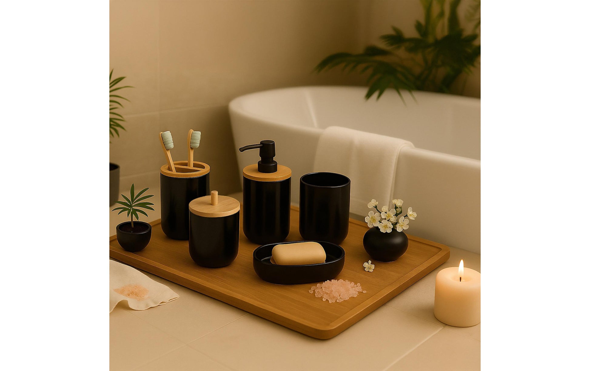 Relaxdays Badezimmer-Set – Kunststoff (65%)/Kunststoff (20%)/Bambus (15%), freistehend, Schwarz/Holz, 7-teilig