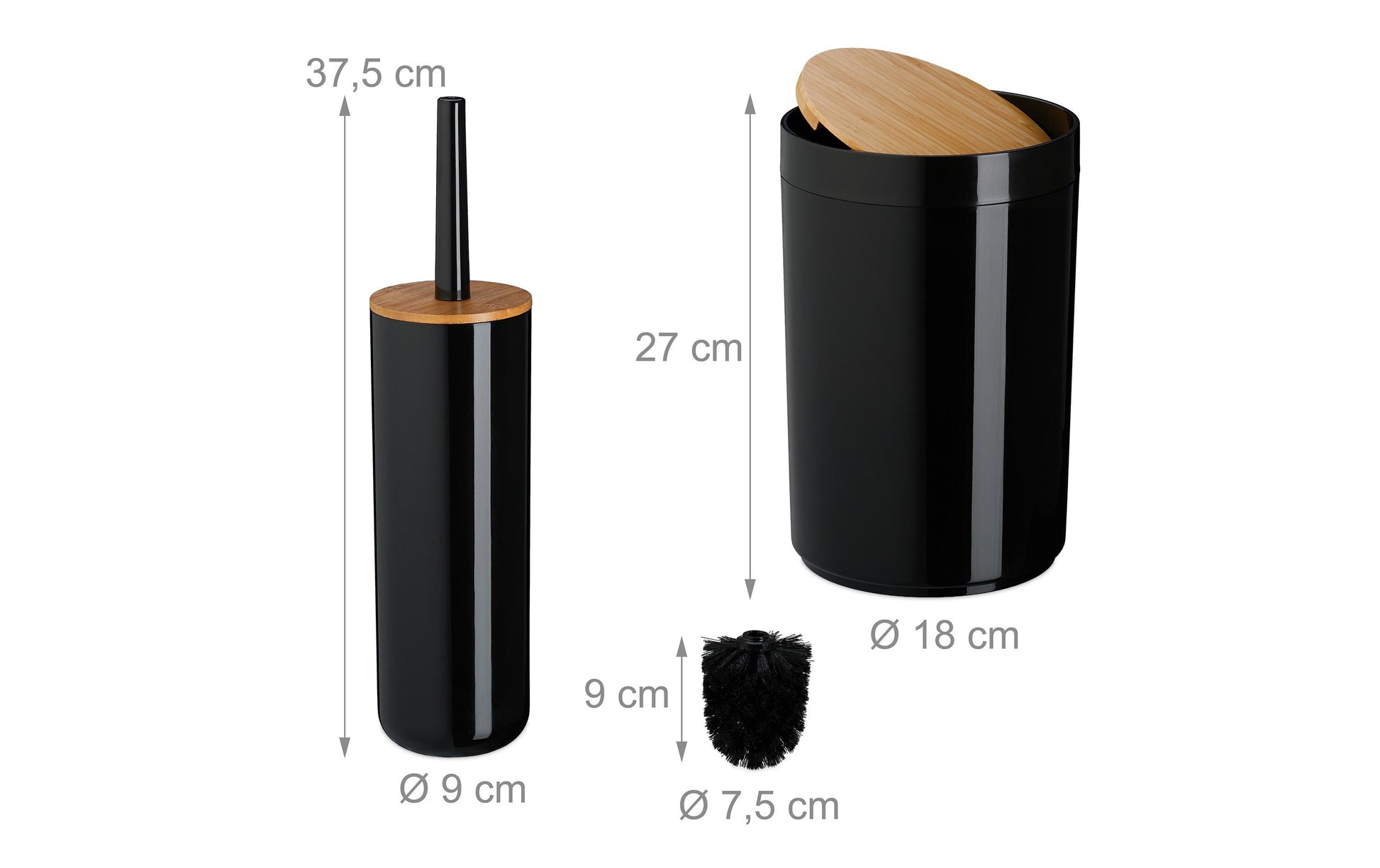 Relaxdays Badezimmer-Set – Kunststoff (65%)/Kunststoff (20%)/Bambus (15%), freistehend, Schwarz/Holz, 7-teilig